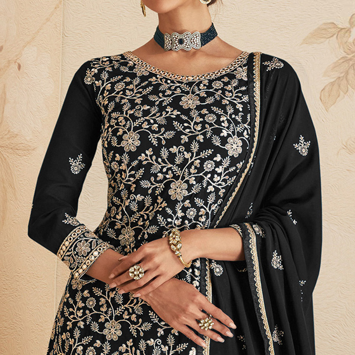 Black Sequins Embroidered Georgette Semi Stitched Sharara Suit