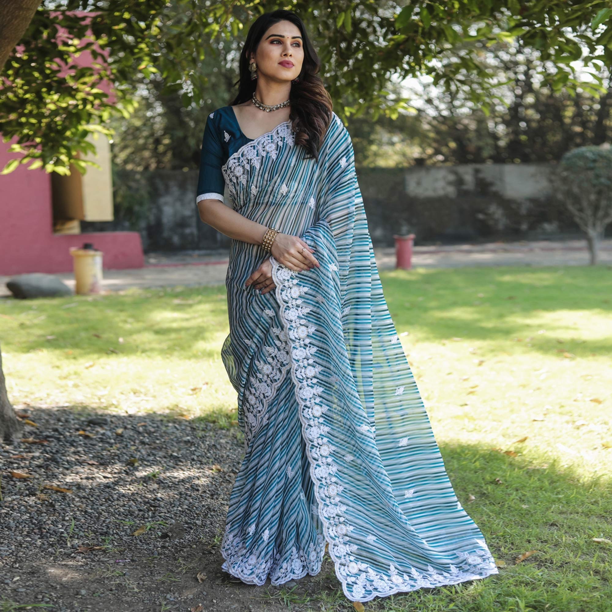Blue Digital Printed With Embroidered Organza Saree