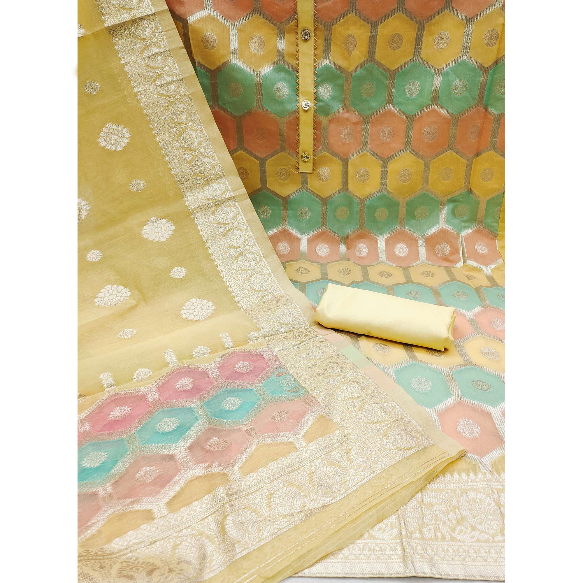 Yellow Woven Banarasi Silk Dress Material
