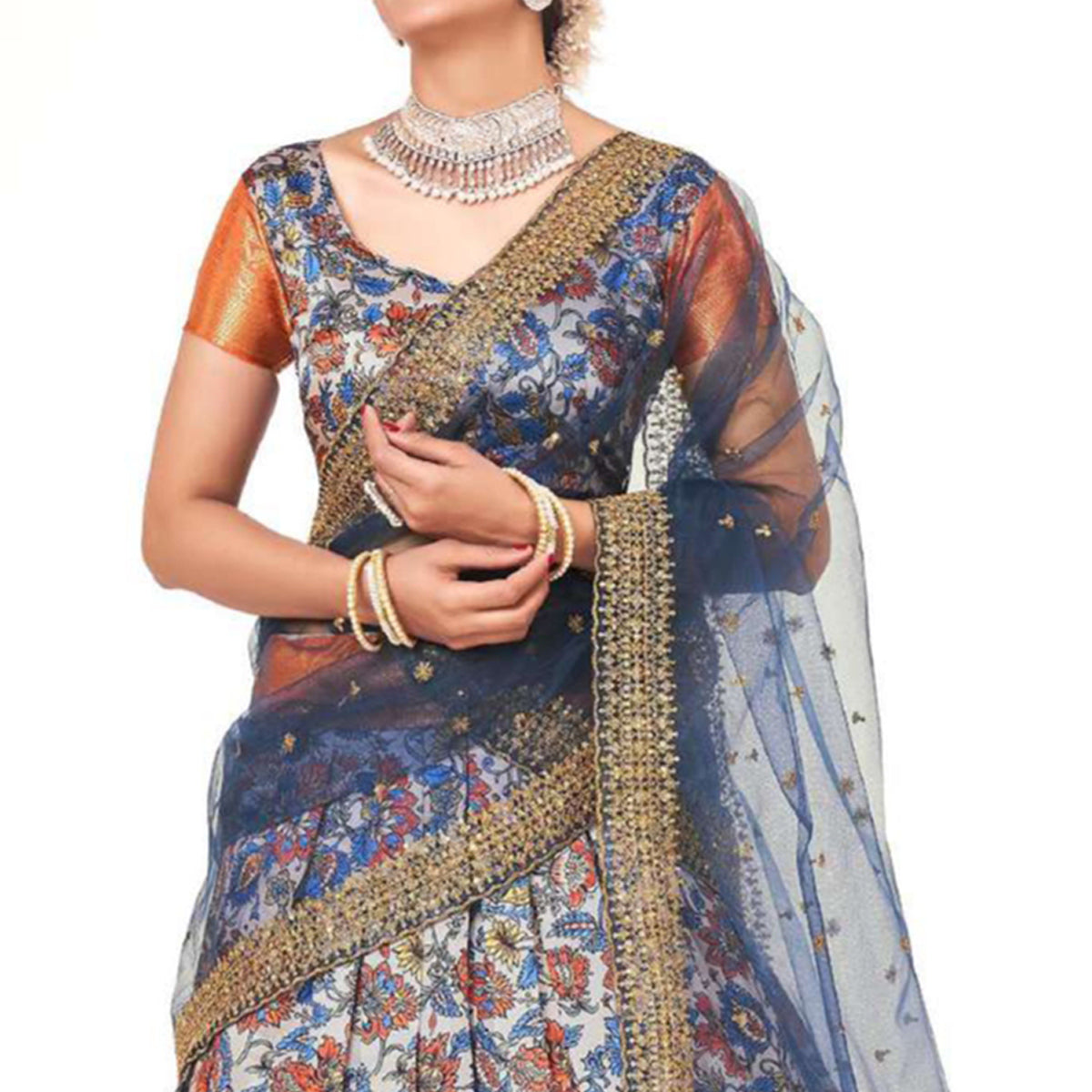Blue Digital Printed With Zari Work Art Silk Lehenga Choli