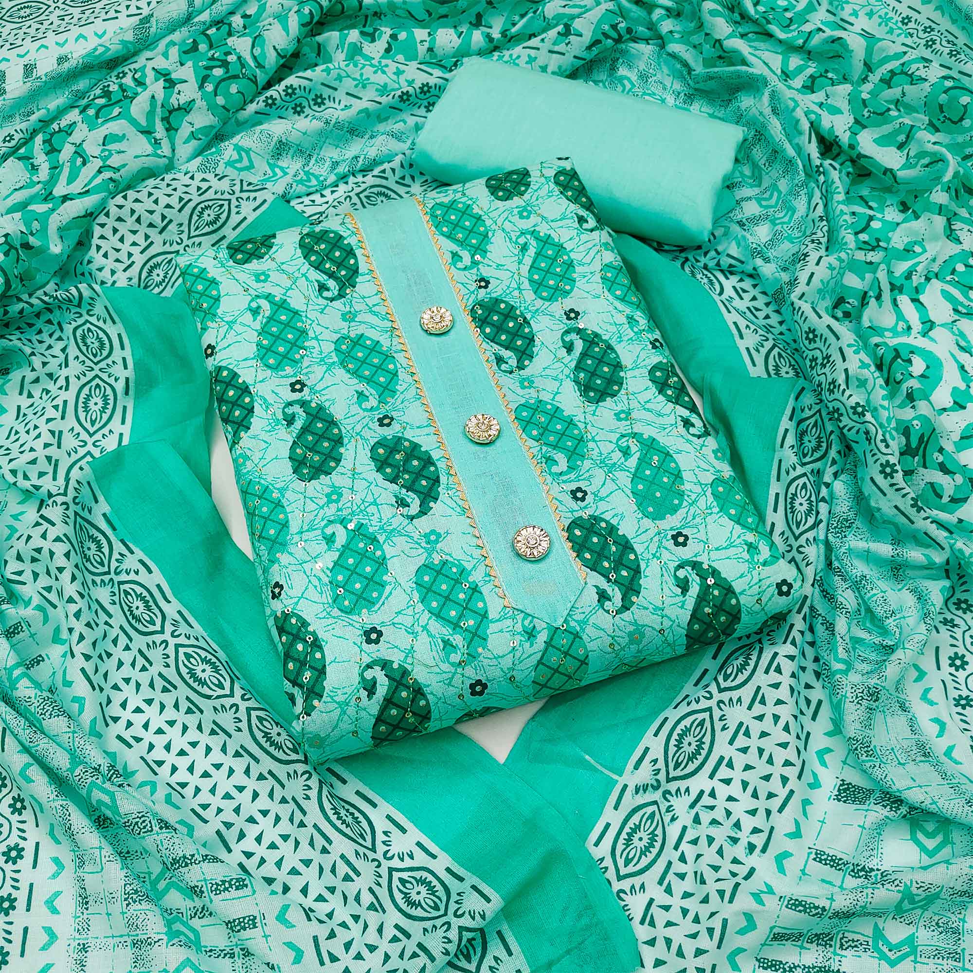 Sea Green Printed Pure Cotton Dress Material
