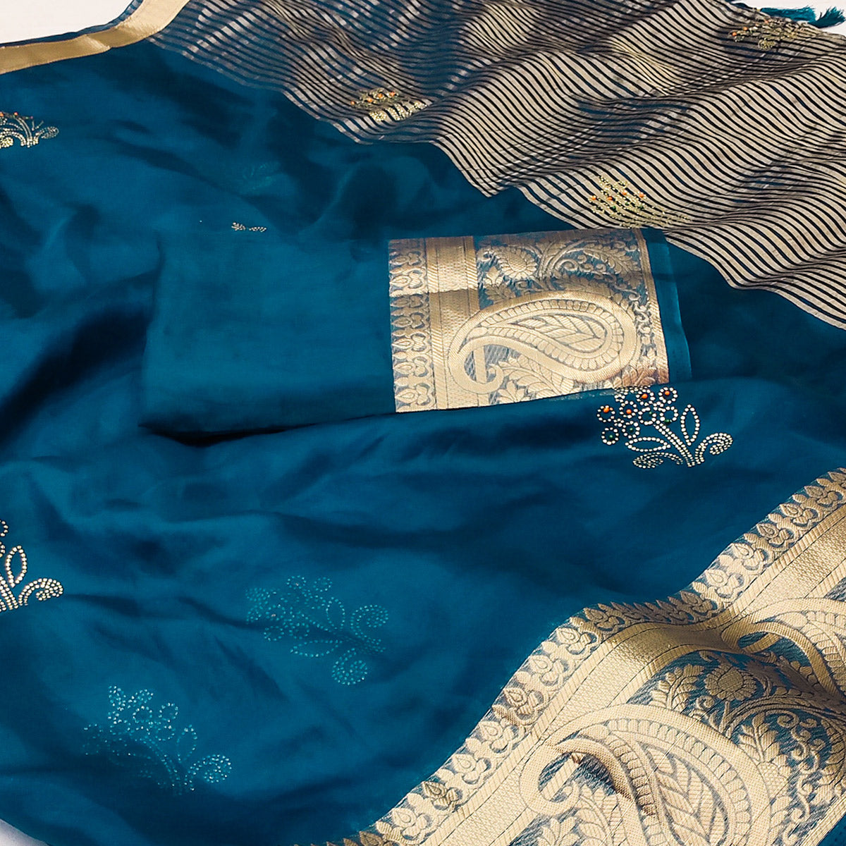 Blue Floral Foil With Woven Border Organza Saree