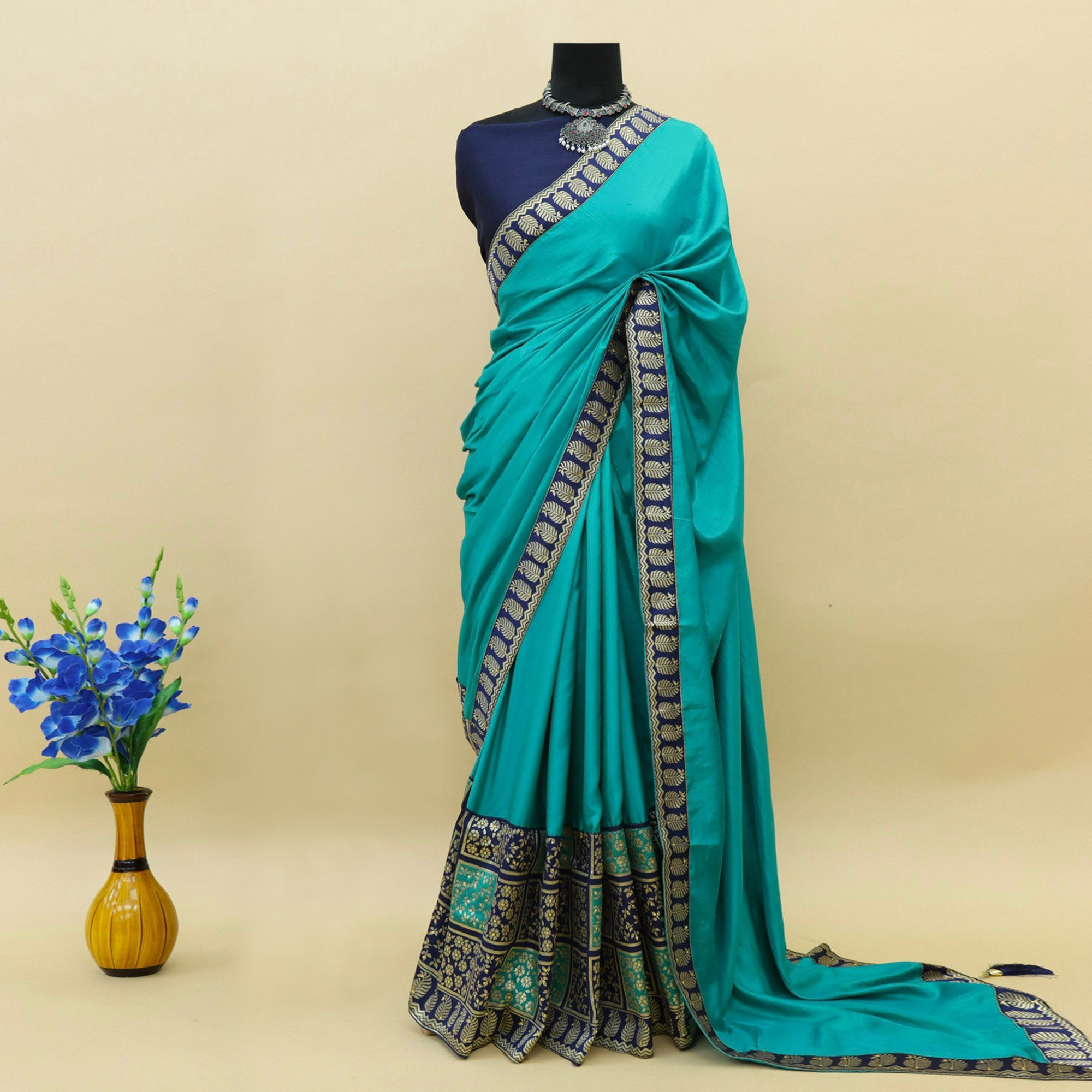 Sea Blue Woven With Stone Work Art Silk Saree