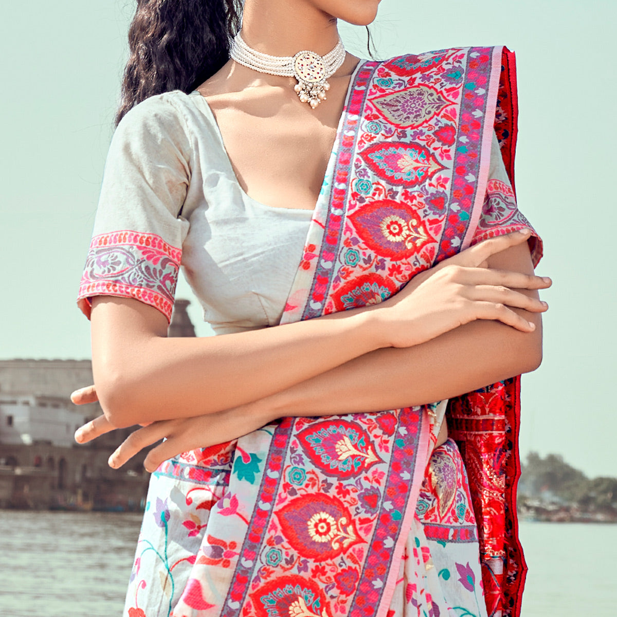 Off White Woven Pashmina Silk Saree