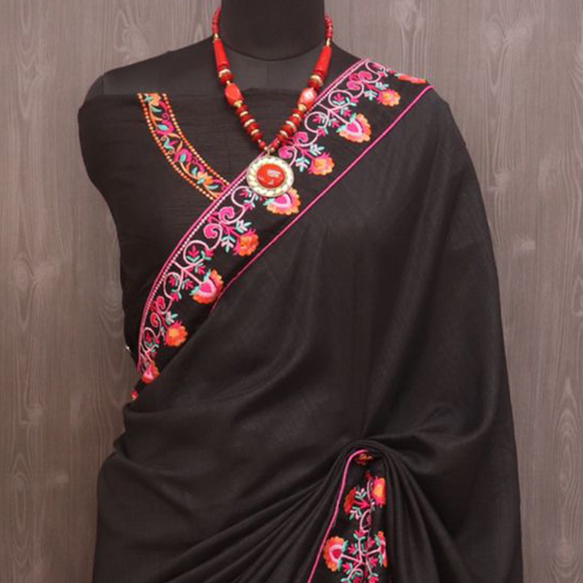 Black Floral Embroidered Vichitra Silk Saree
