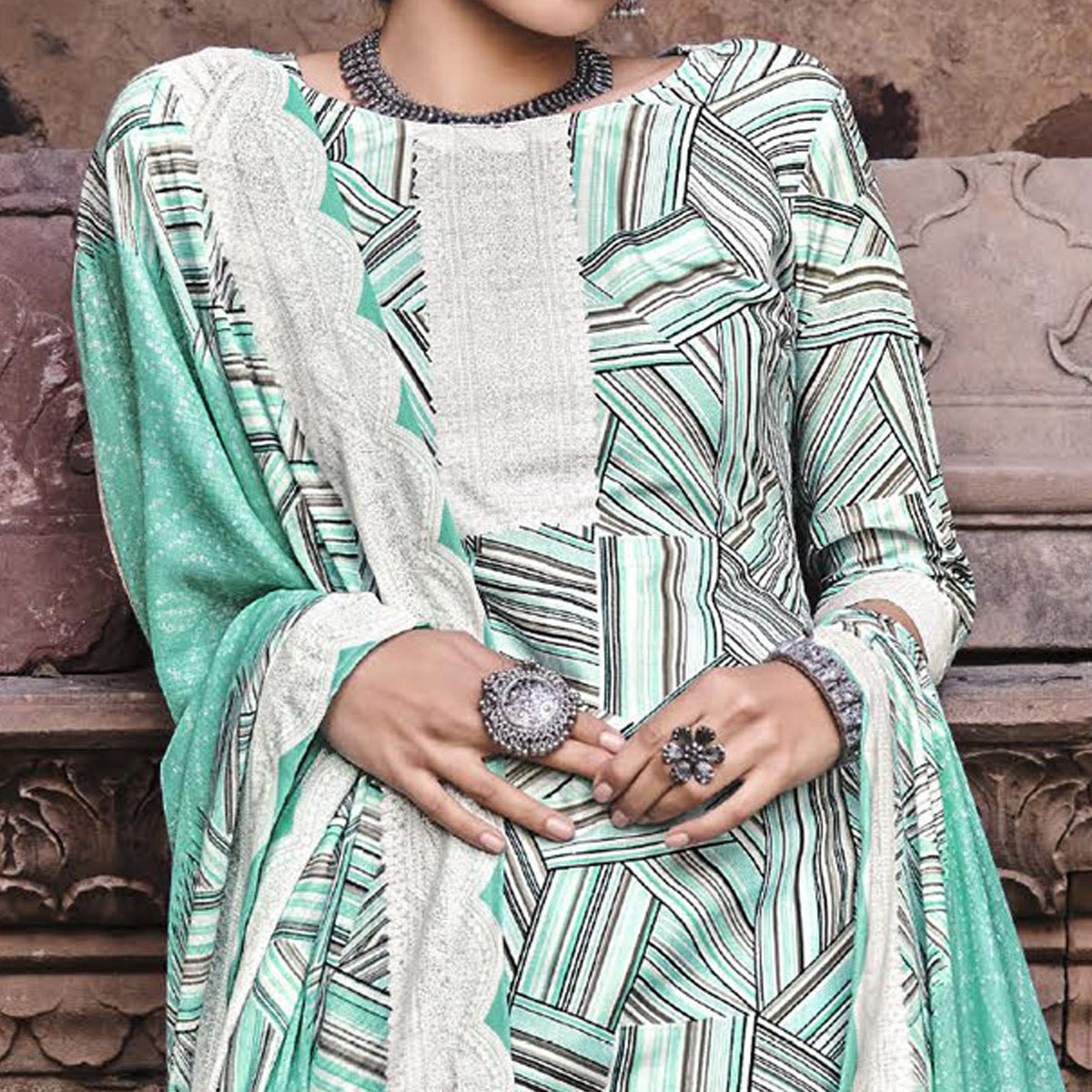 Turquoise Printed Pure Cotton Salwar Suit