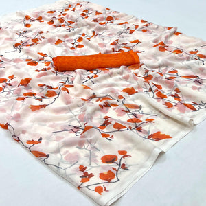 White Orange Floral Printed Georgette Saree