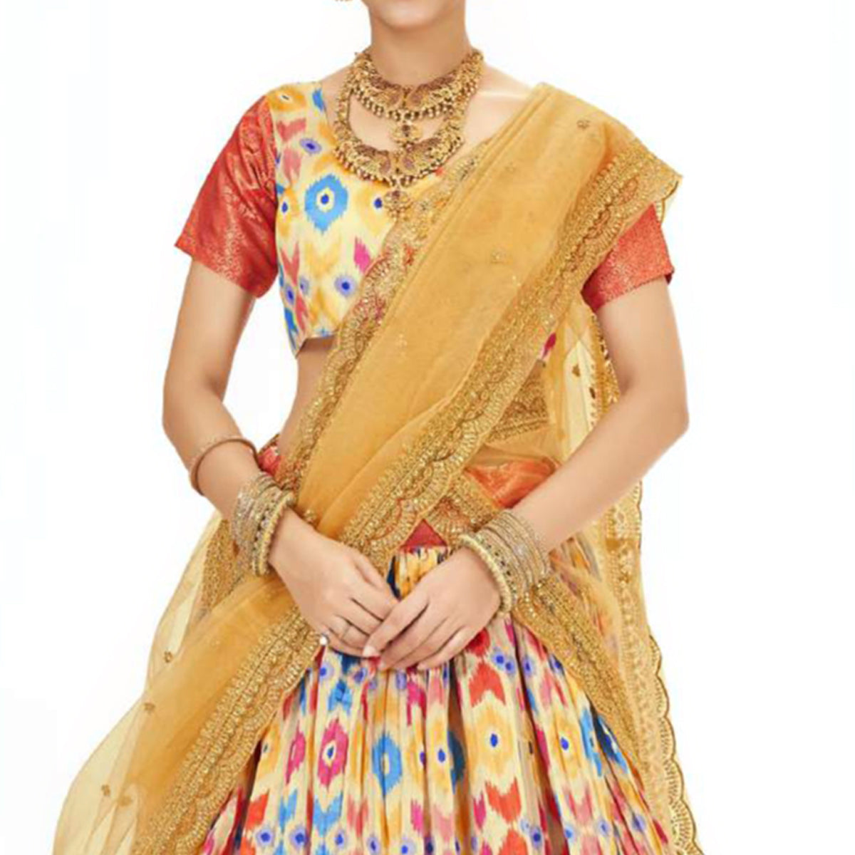 Light Yellow Digital Printed With Zari Work Art Silk Lehenga Choli