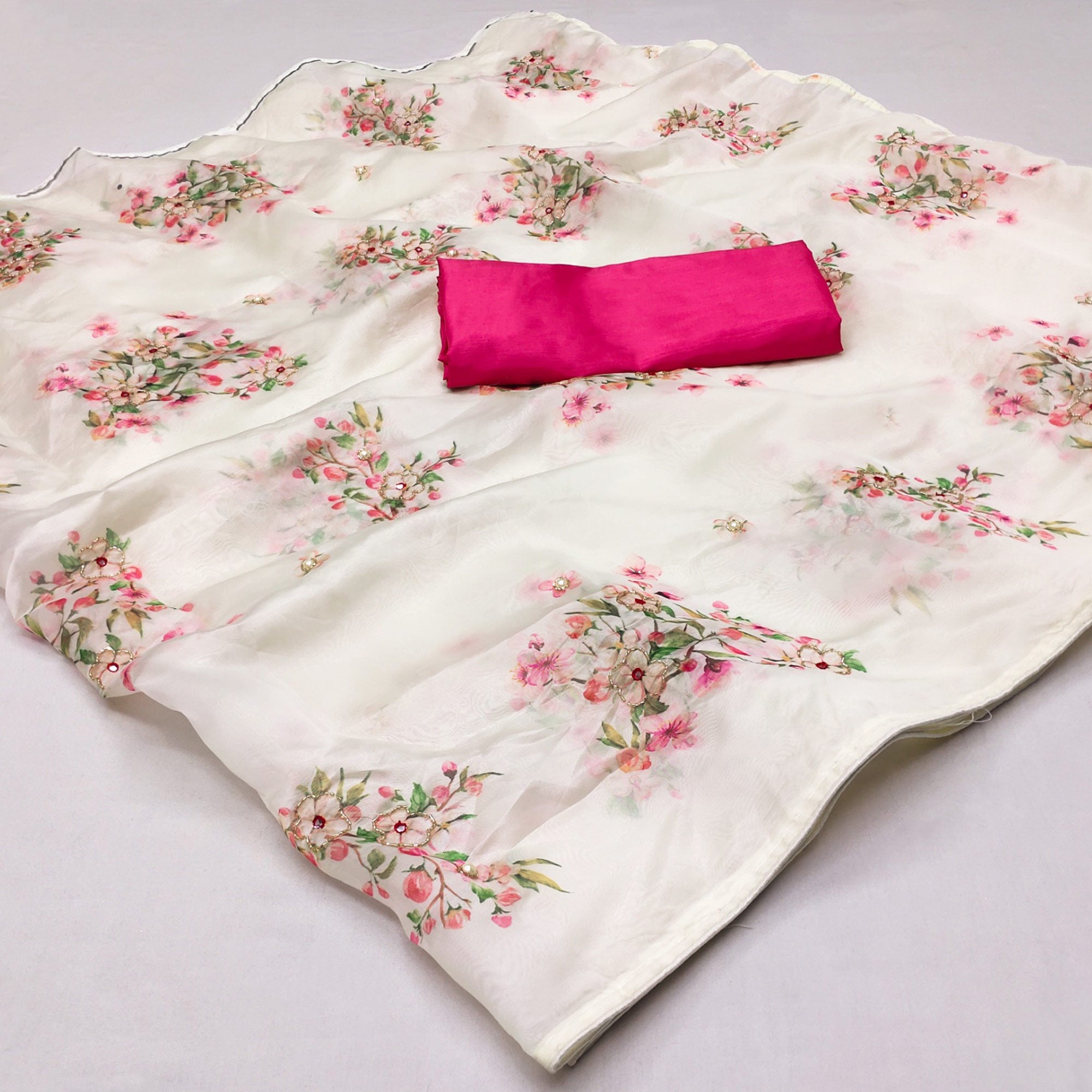 White Floral Printed With Khatli Work Organza Saree