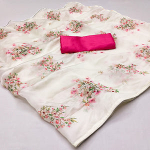 White Floral Printed With Khatli Work Organza Saree