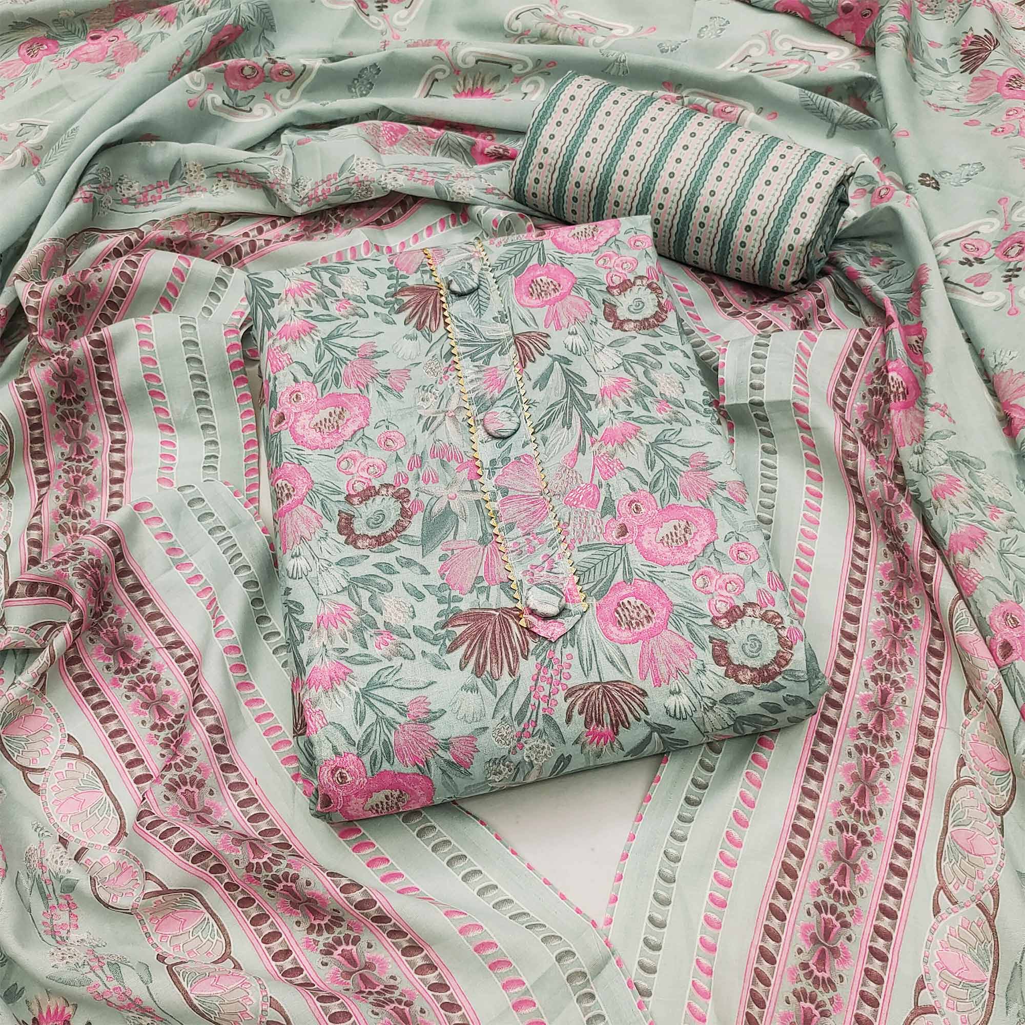 Green Floral Printed Cotton Blend Dress Material