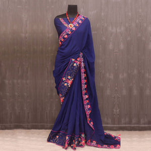 Blue Floral Embroidered Vichitra Silk Saree