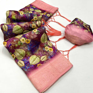 Purple & PInk Floral Digital Printed Jacquard Saree