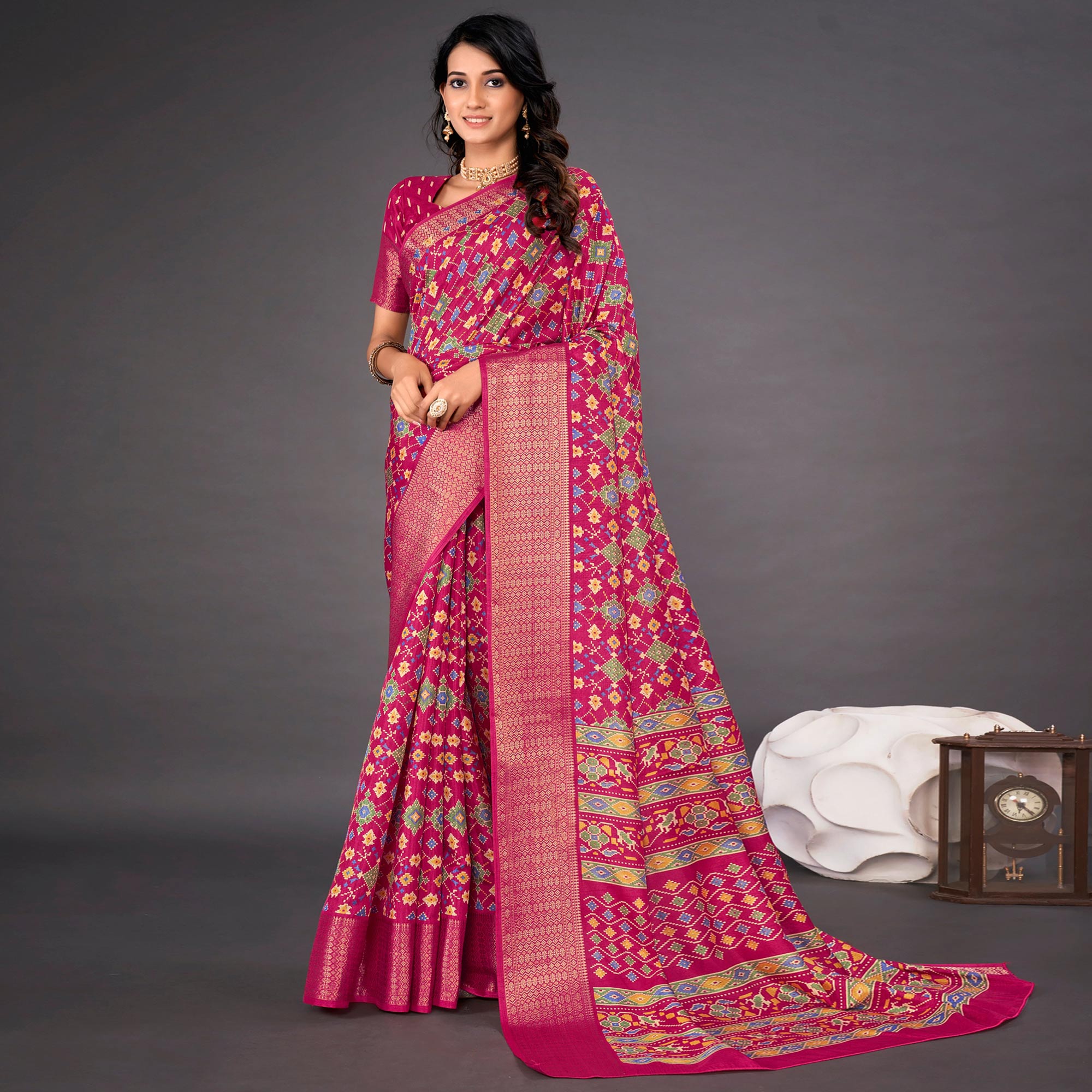 Pink Printed Dola Silk Saree