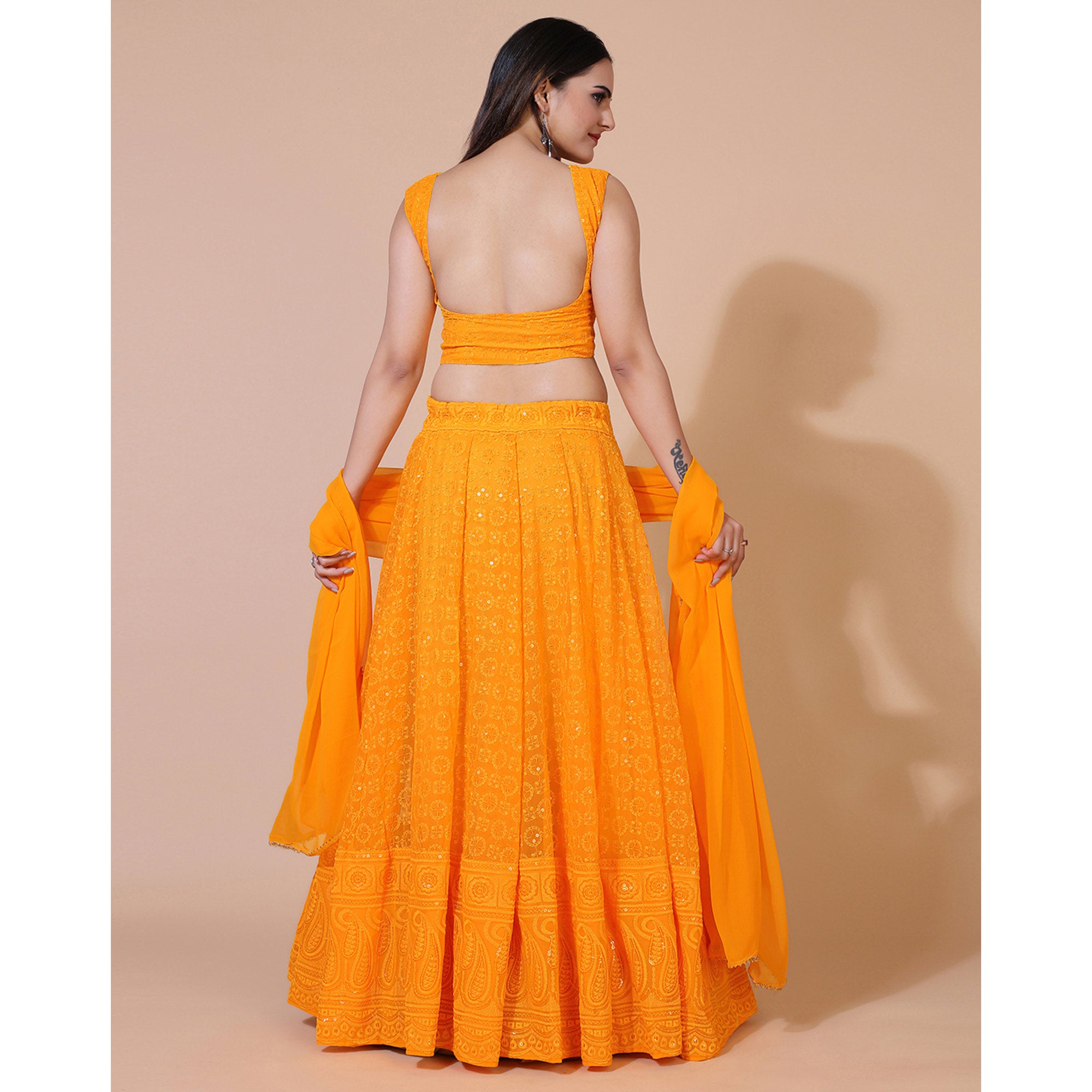 Orange Lucknowi Chikankari Work Georgette Lehenga Choli