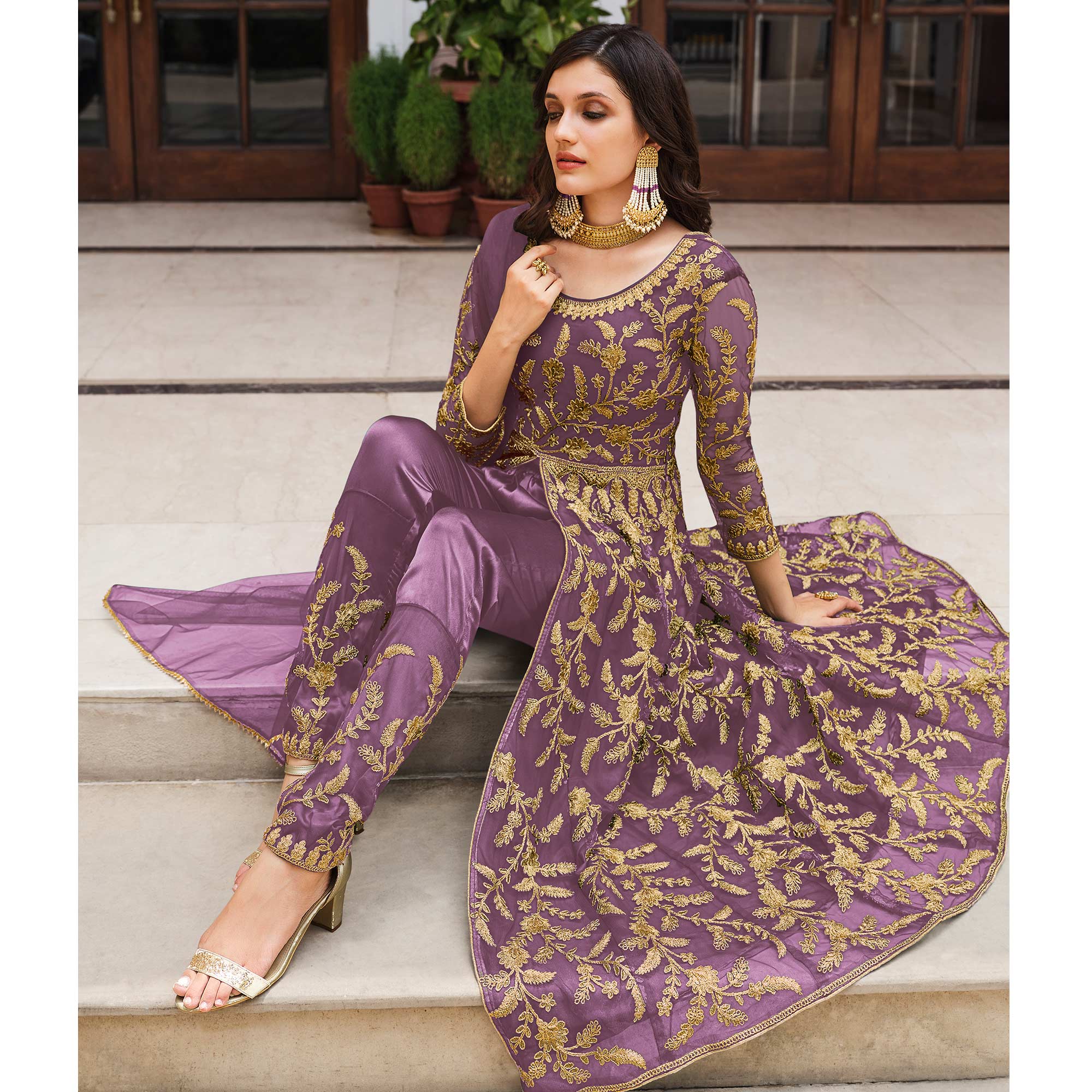 Light Purple Floral Embroidered Net Suit