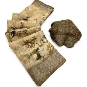 Chikoo Floral Printed Linen Saree