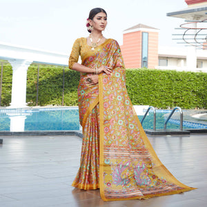 Mustard Floral Digital Printed Cotton Silk Saree
