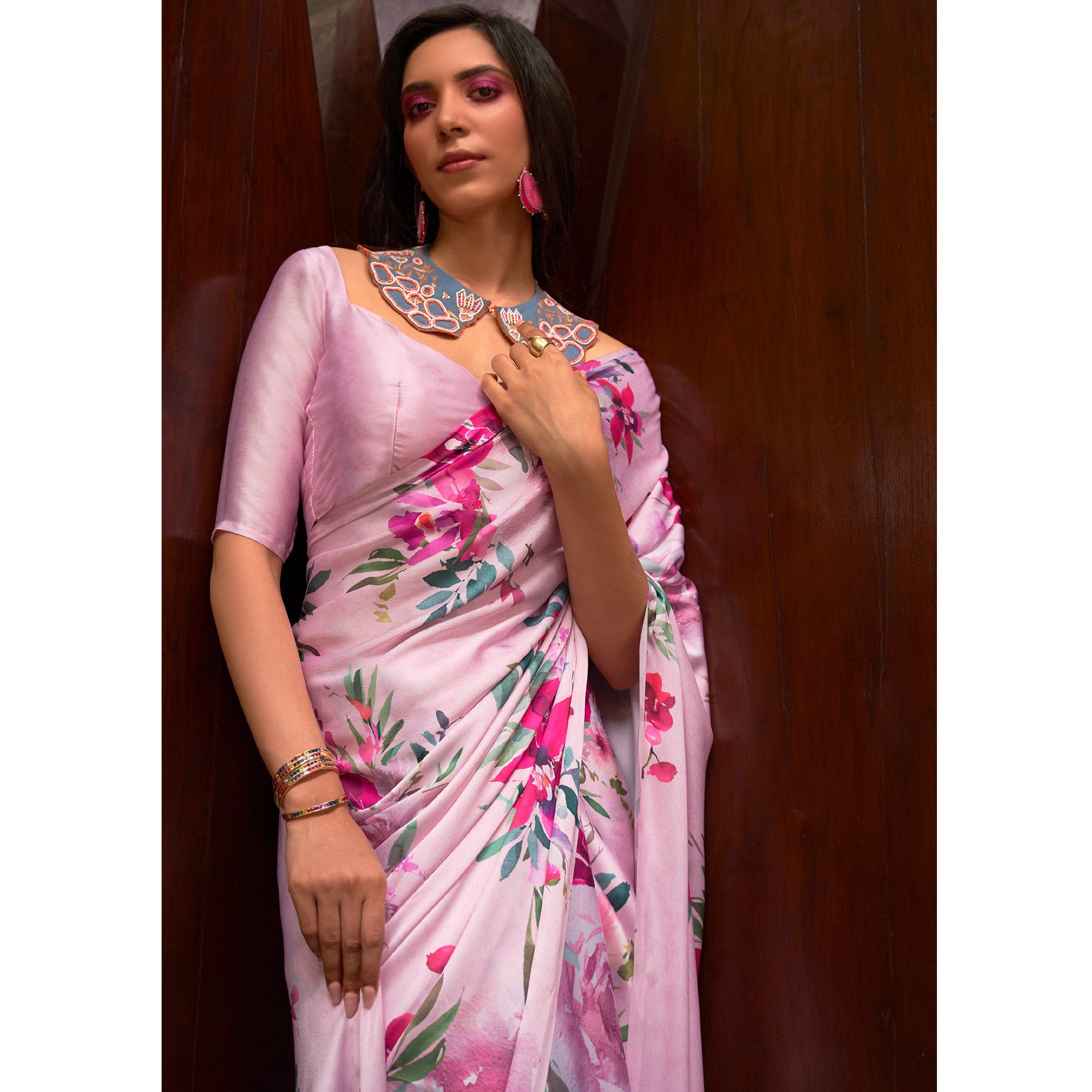 Pink Floral Digital Printed Satin Saree