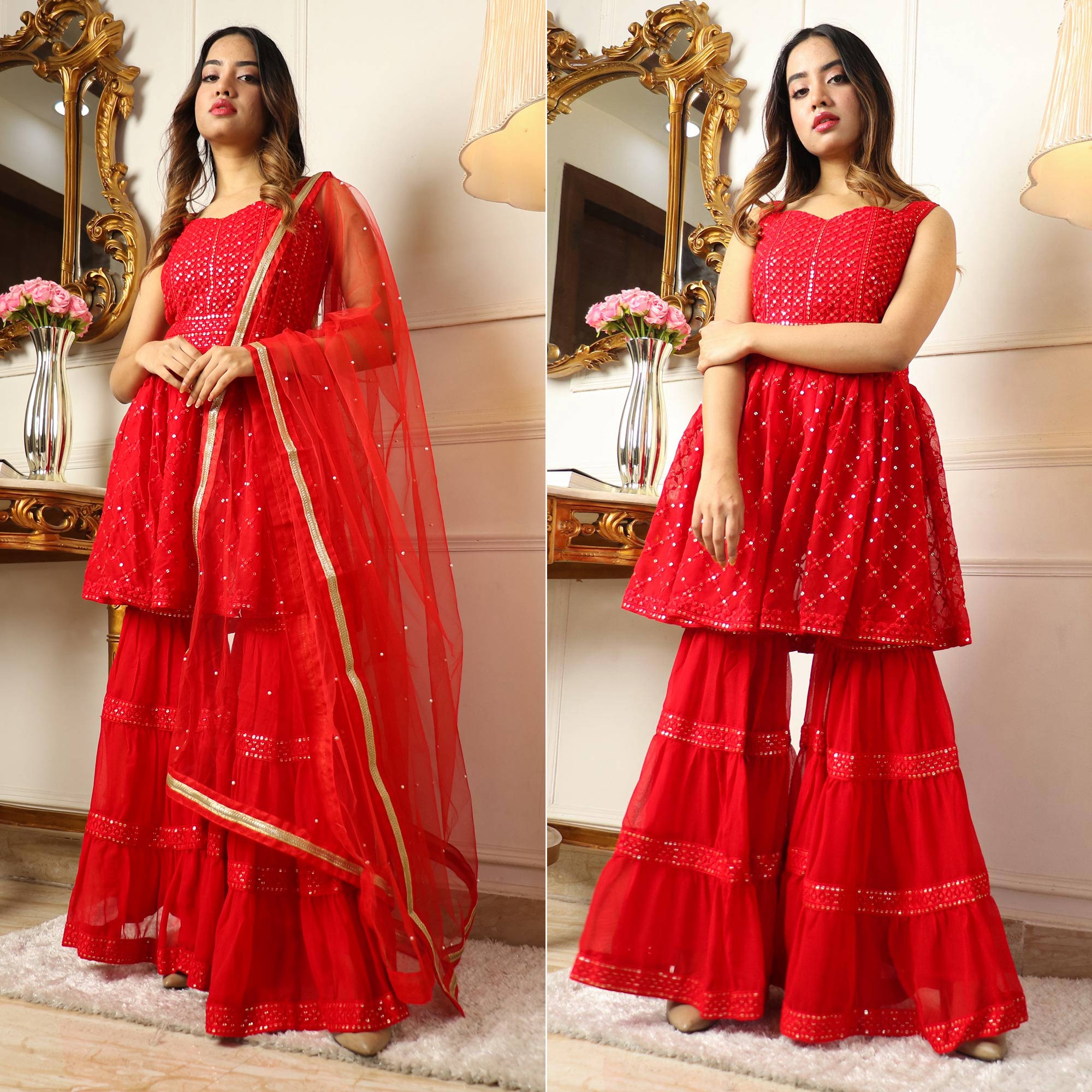 Red Sequins Embroidered Georgette Sharara Suit