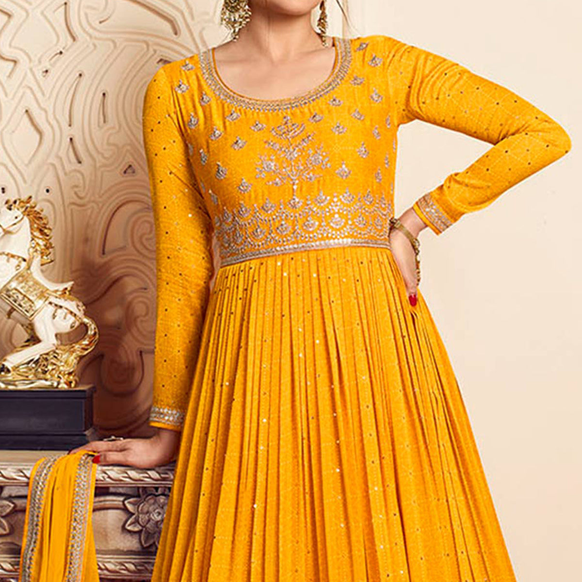 Mustard Printed With Embroidered Chiffon Gown