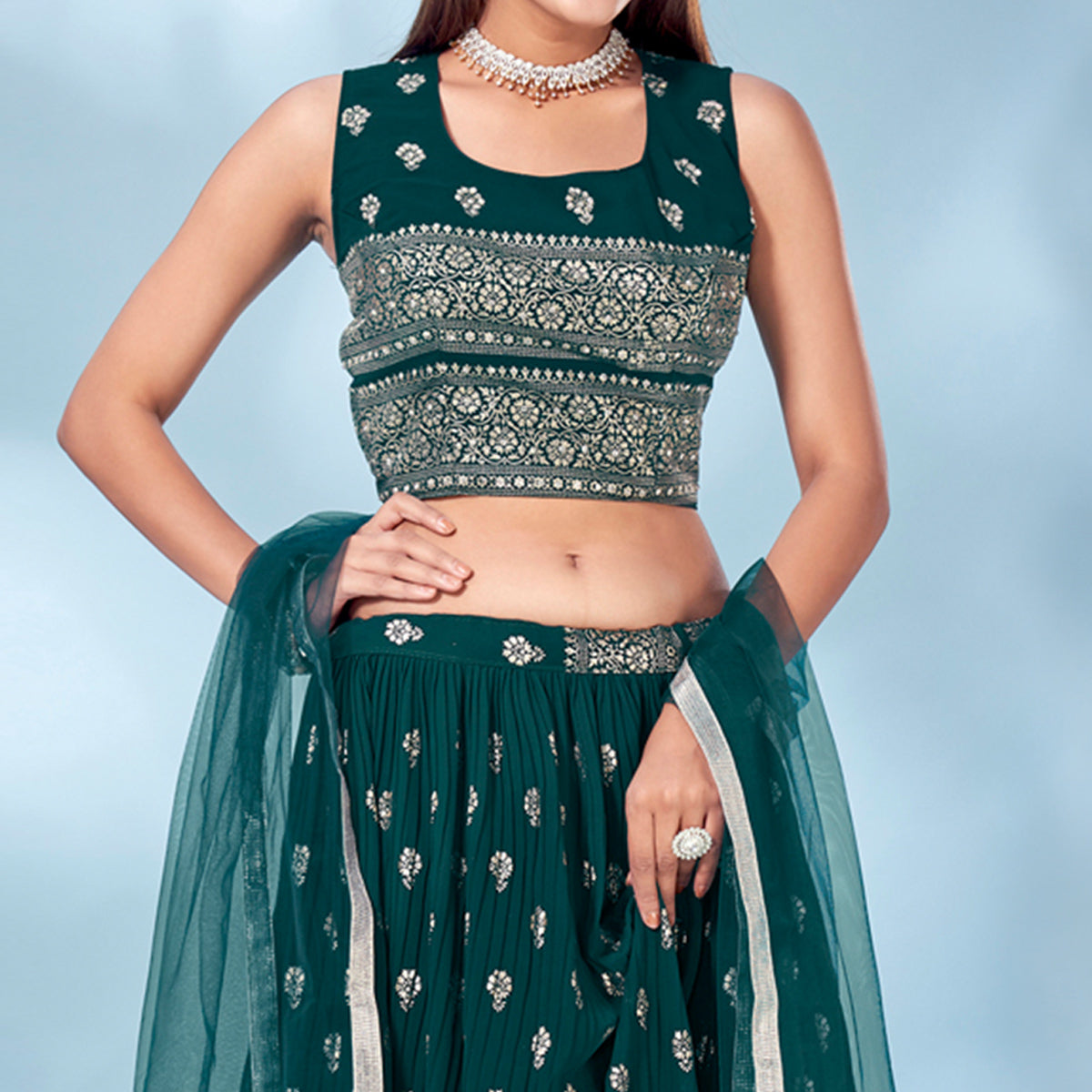 Bottle Green Floral Foil Printed Chiffon Lehenga Choli