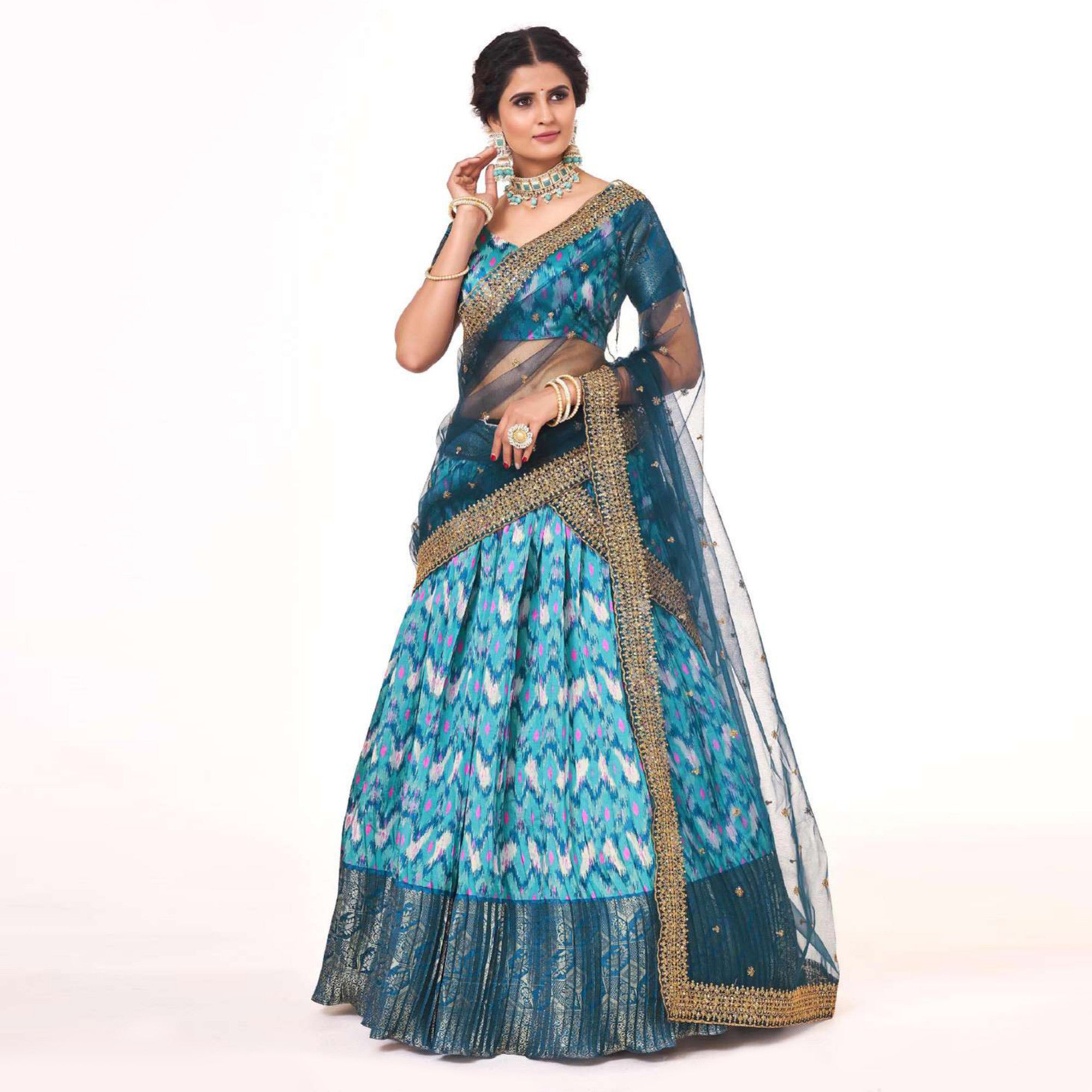 Firozi Blue Digital Printed With Zari Work Art Silk Lehenga Choli