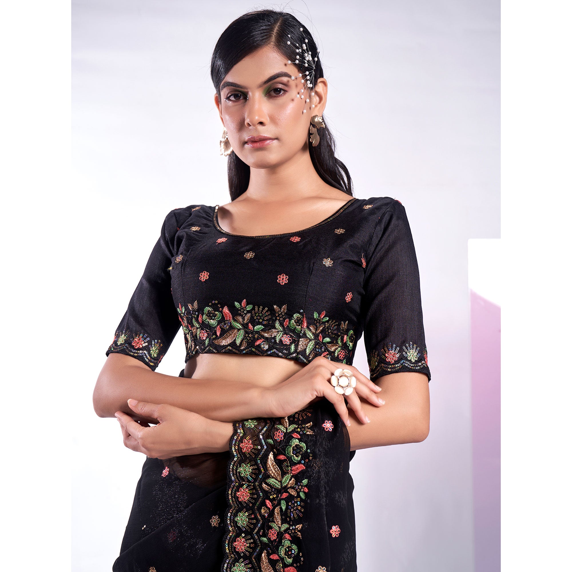 Black Floral Embroidered Georgette Saree