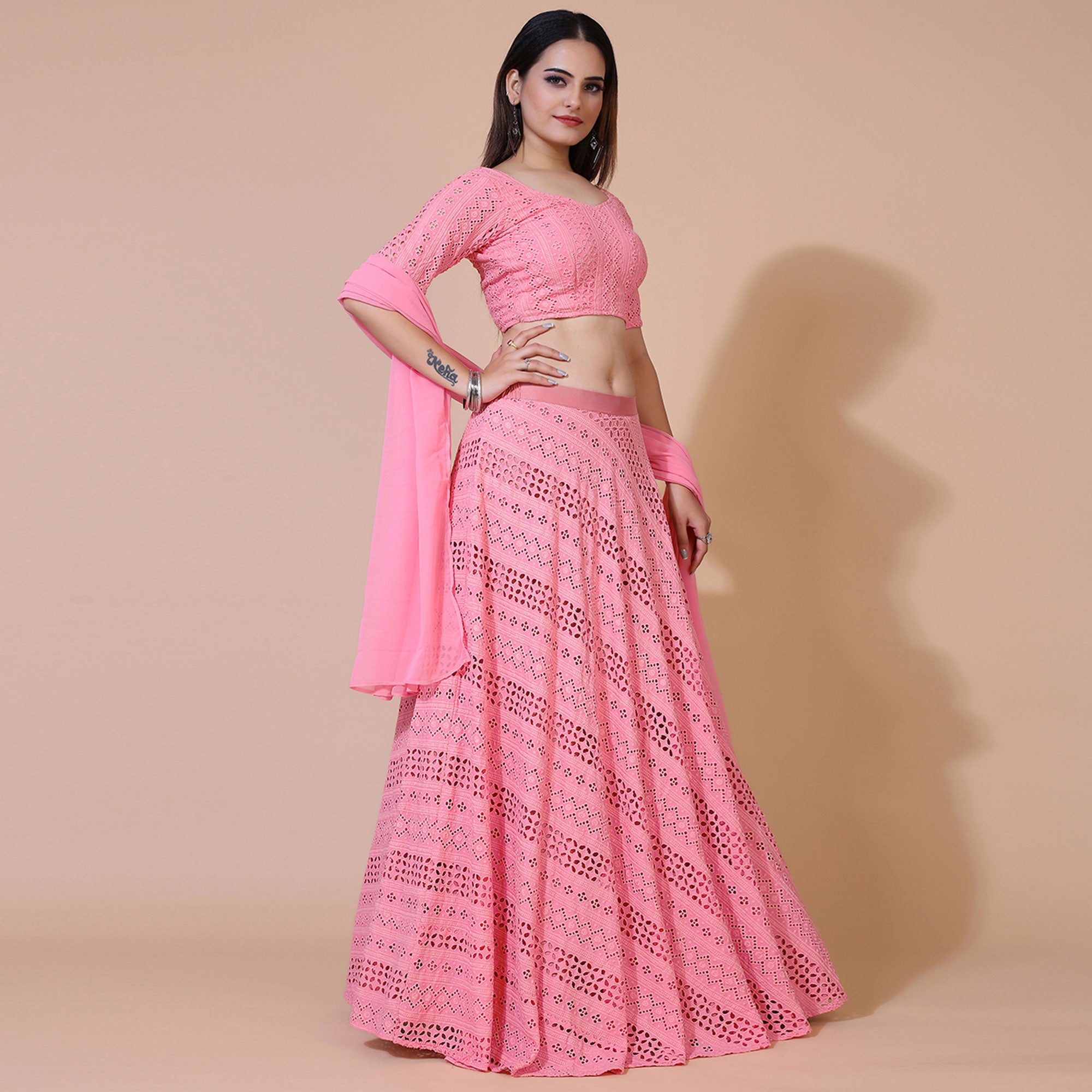Pink Lucknowi Chikankari Work Rayon Lehenga Choli