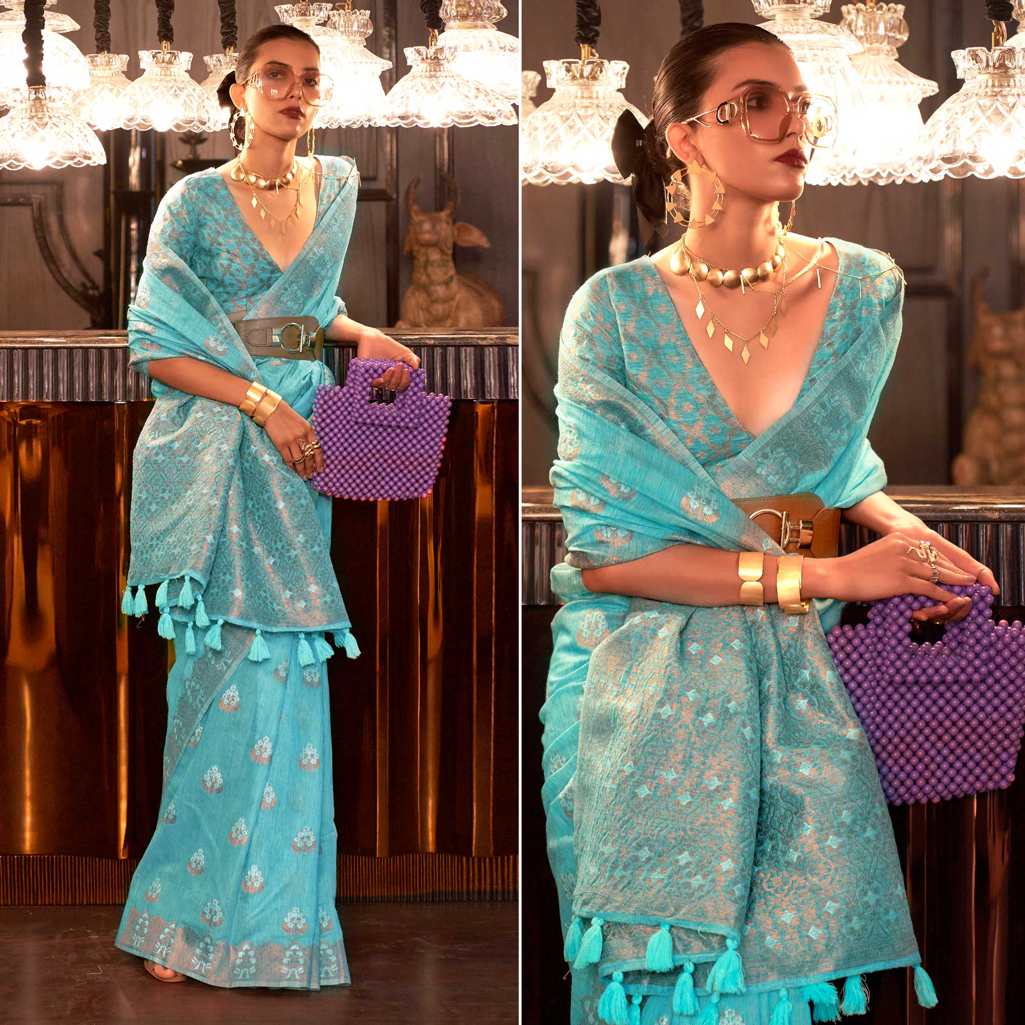 Sky Blue Woven Linen Saree With Tassels