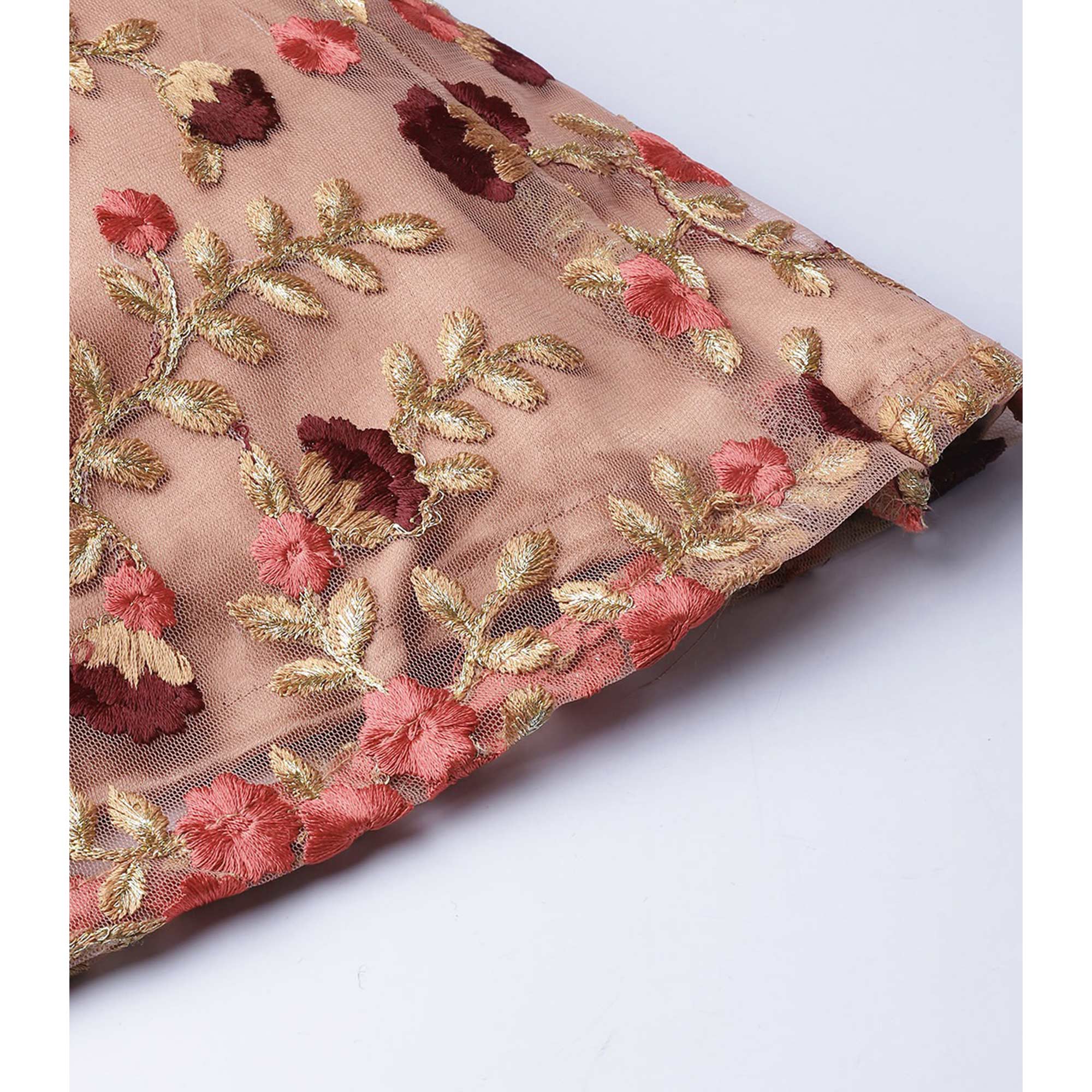 Peach Floral Embroidered Netted Lehenga Choli