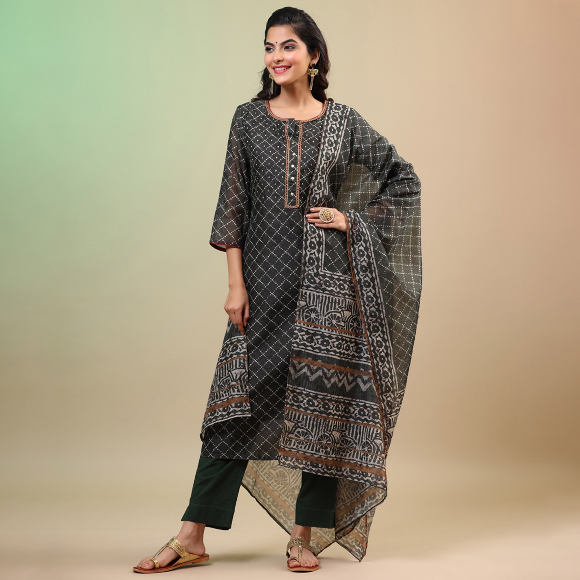 Black Printed Chanderi Salwar Suit