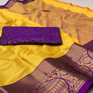 Yellow Woven Cotton Silk Saree With Tassels