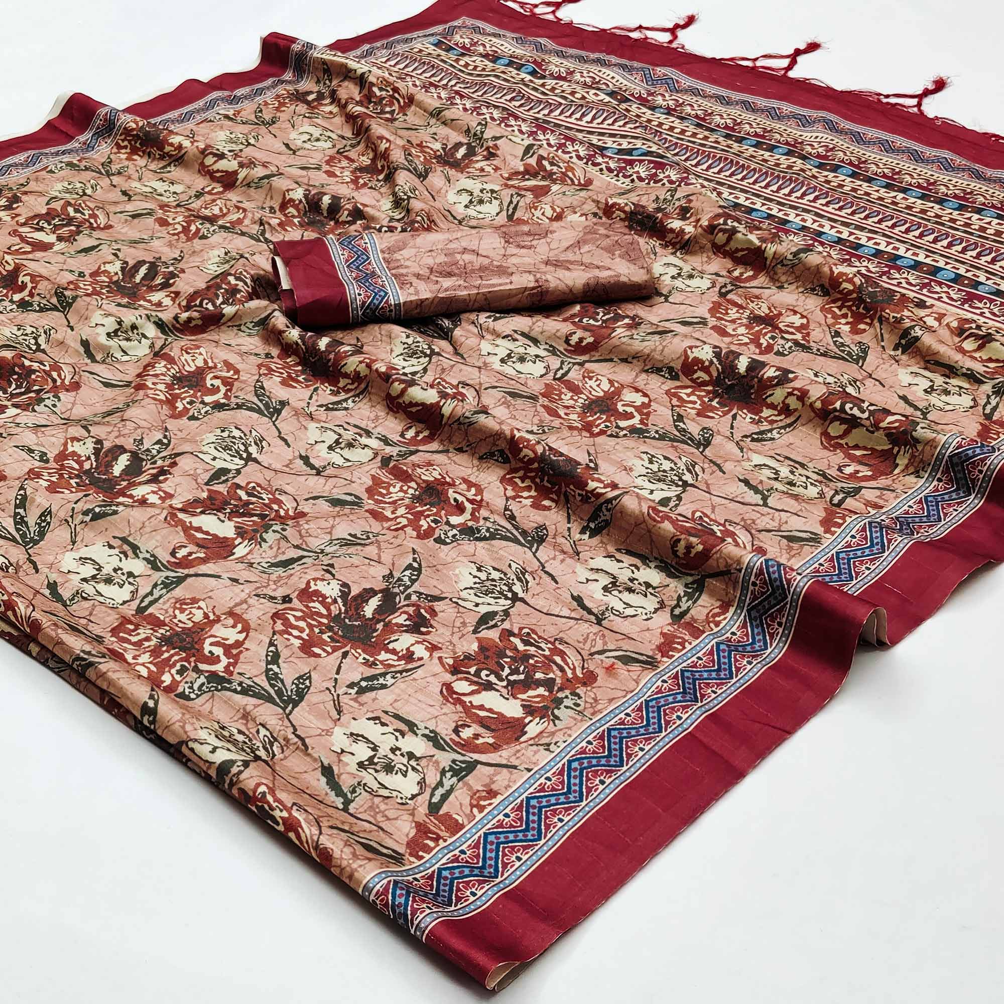 Peach Floral Digital Printed Tussar Silk Saree With Tassels