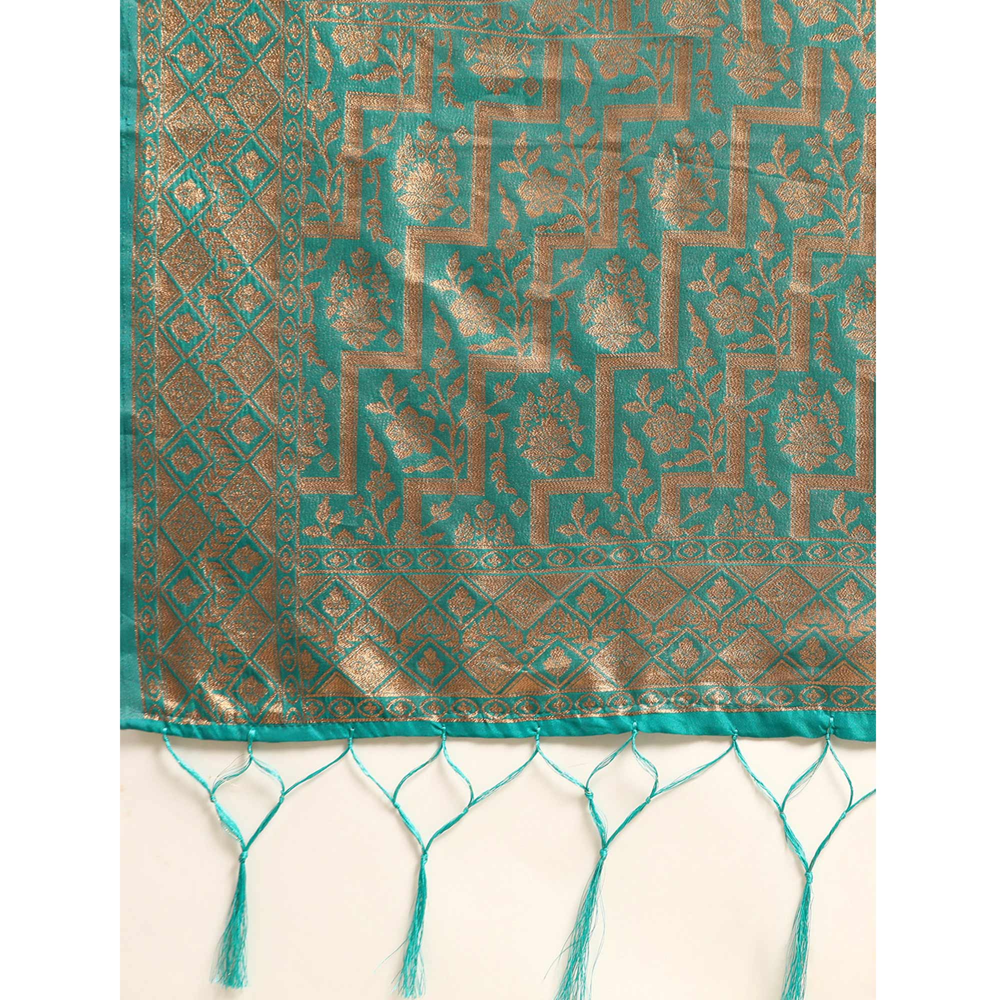 Turquoise Floral Woven Organza Silk Saree With Tassels