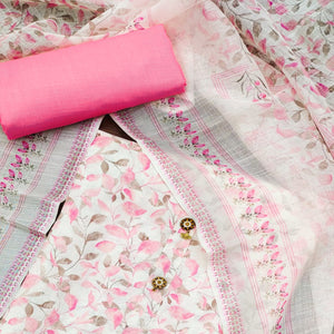 White & Pink Floral Digital Printed Cotton Dress Material