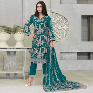 Teal Blue Floral Embroidered Georgette Pakistani Suit