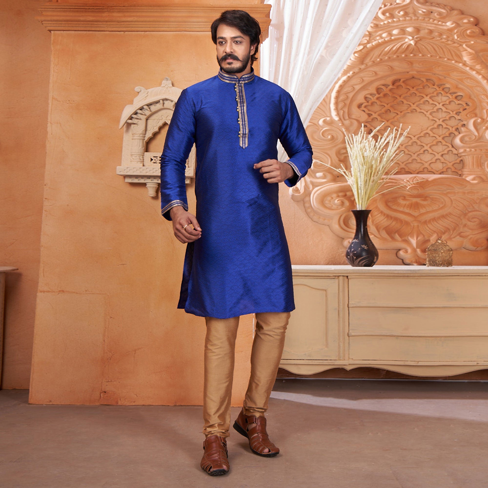 Blue Embroidered Jacquard Kurta Pyjama Set