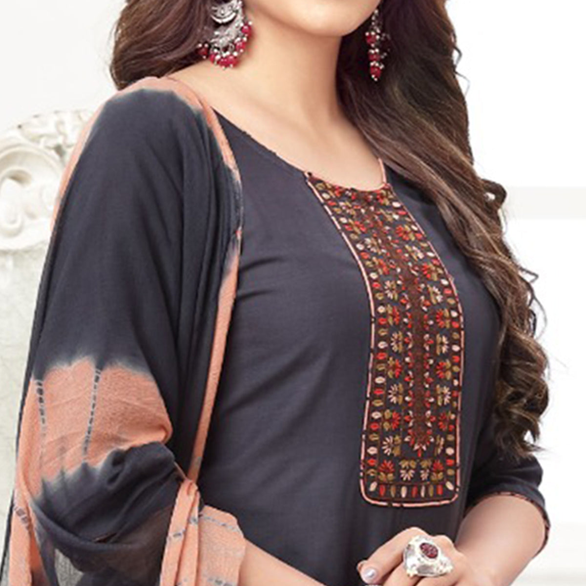 Dark Grey Embroidered Rayon Patiala Suit