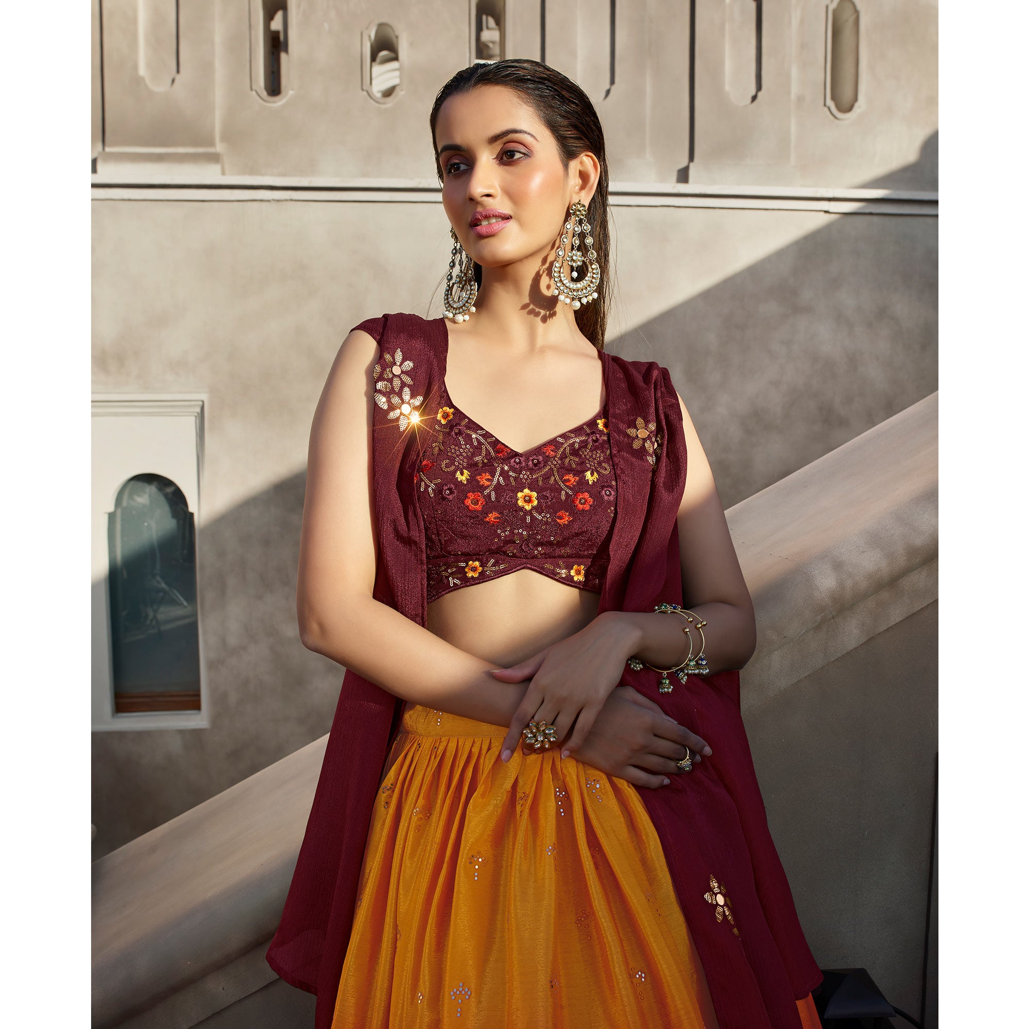 Orange & Wine Embellished Mirror Work Georgette Lehenga Choli