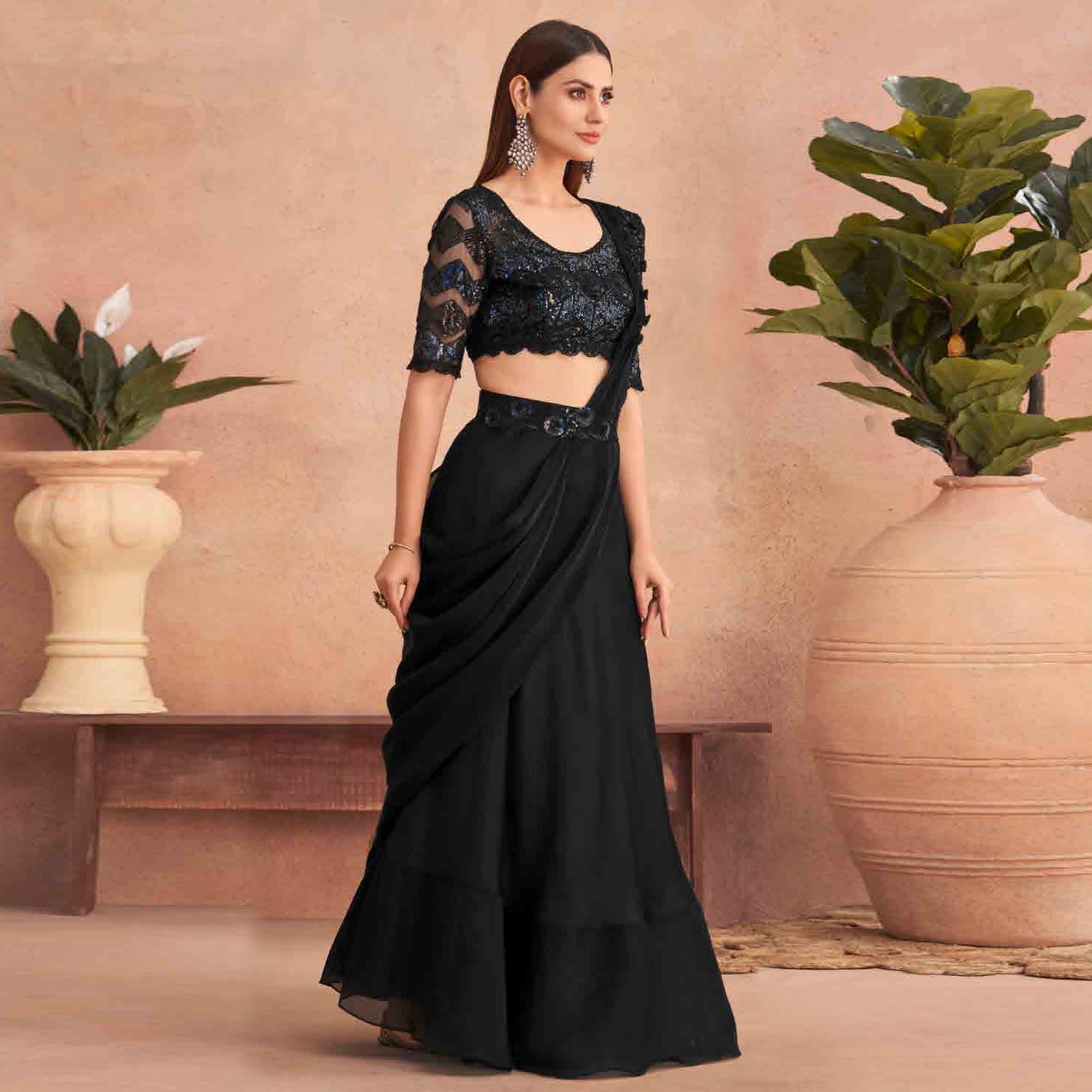 Black Sequins Embroidered Ready to Wear Art Silk Saree