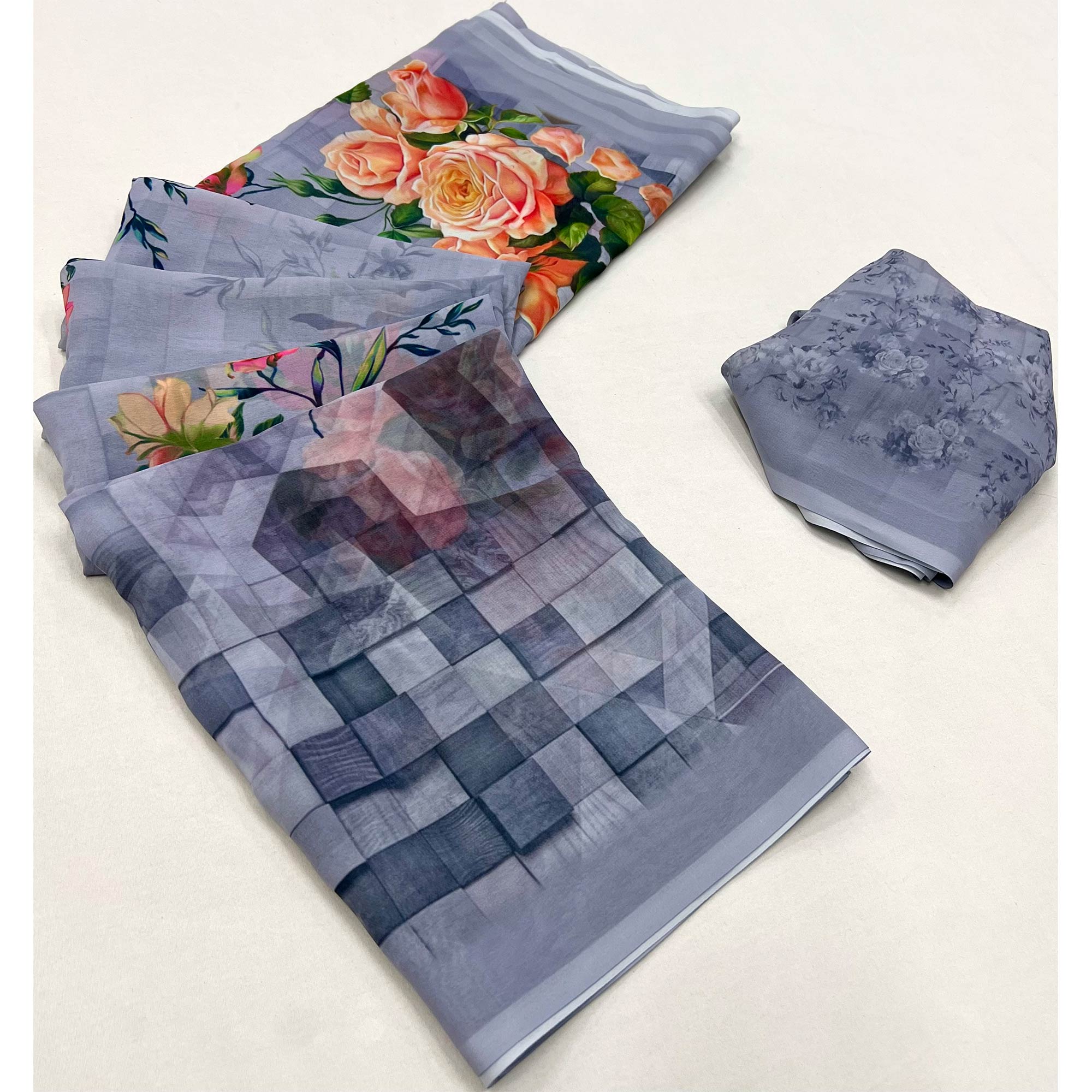 Blue Digital Printed Georgette Saree