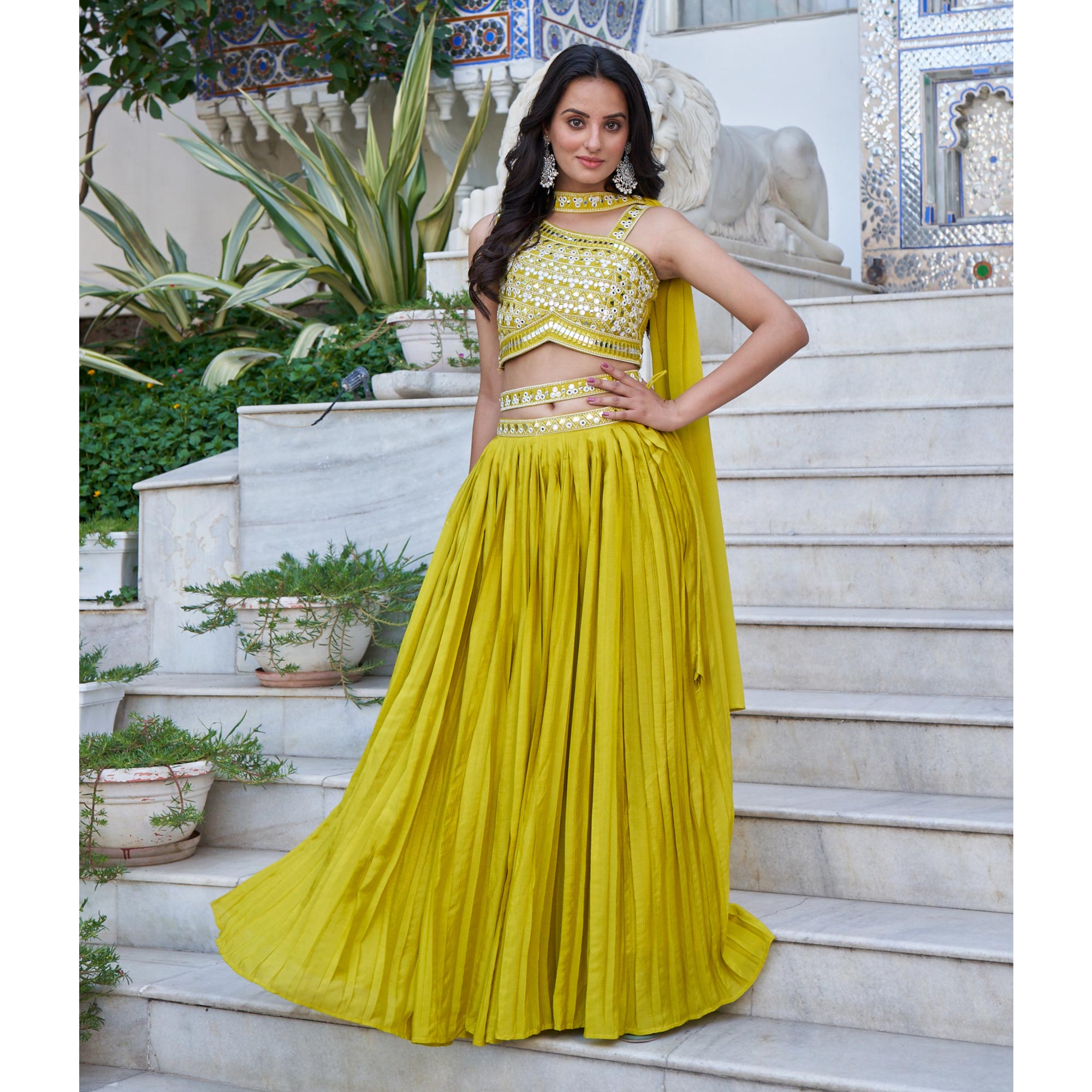 Lemon Green Embroidered Chiffon Plated Lehenga Choli