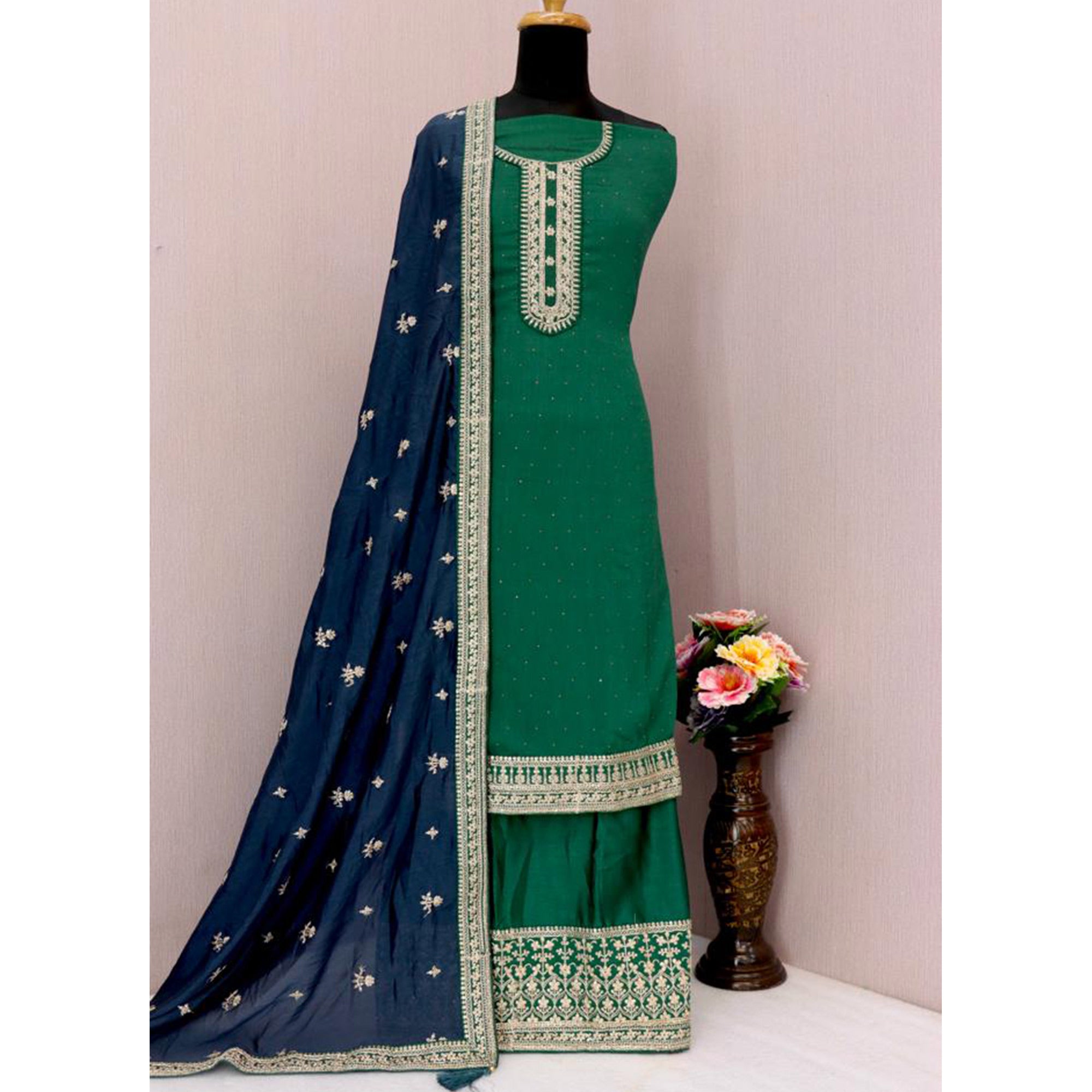 Green Embroidered Georgette Semi Stitched Palazzo Suit
