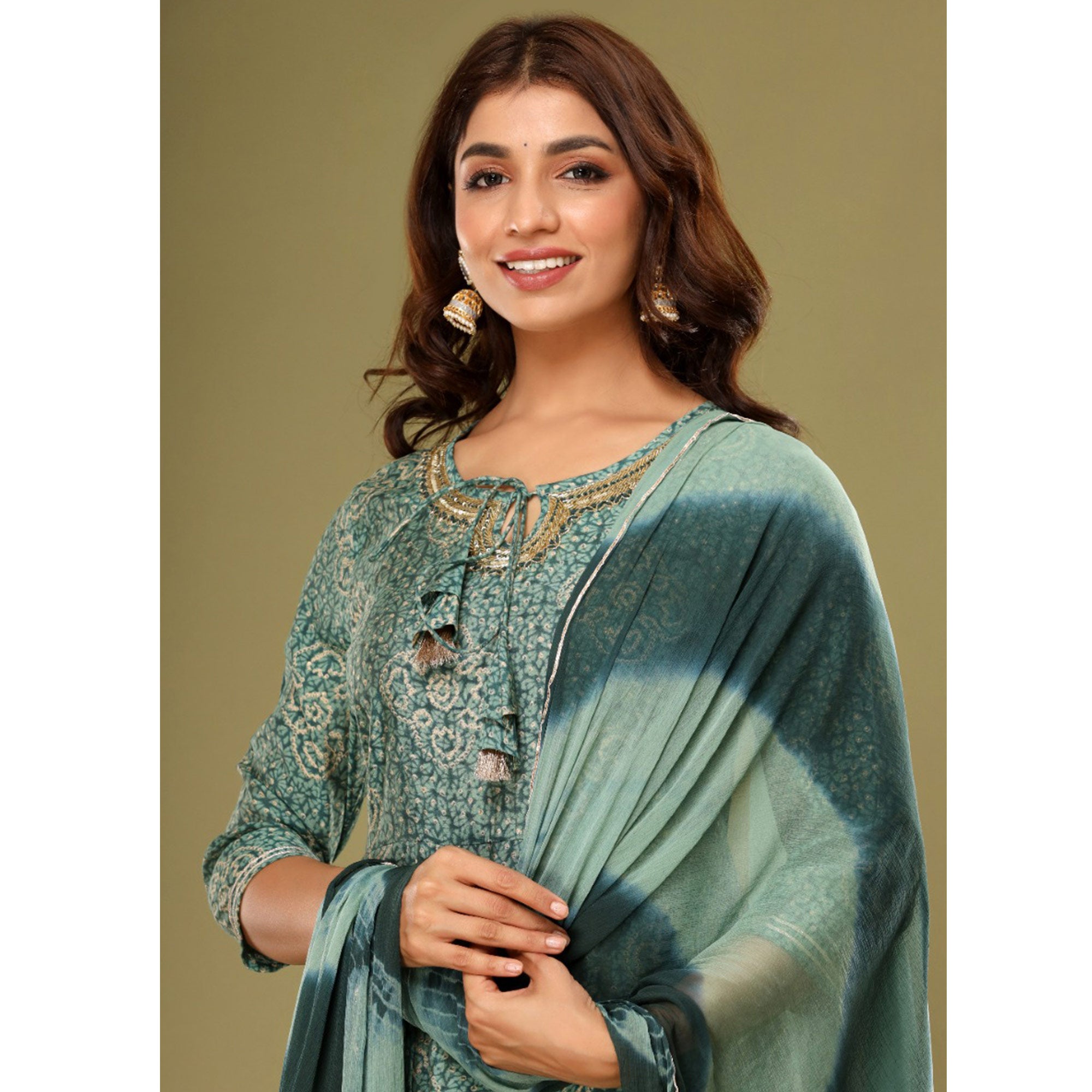 Green Printed With Gota Patti Work Muslin Anarkali Suit