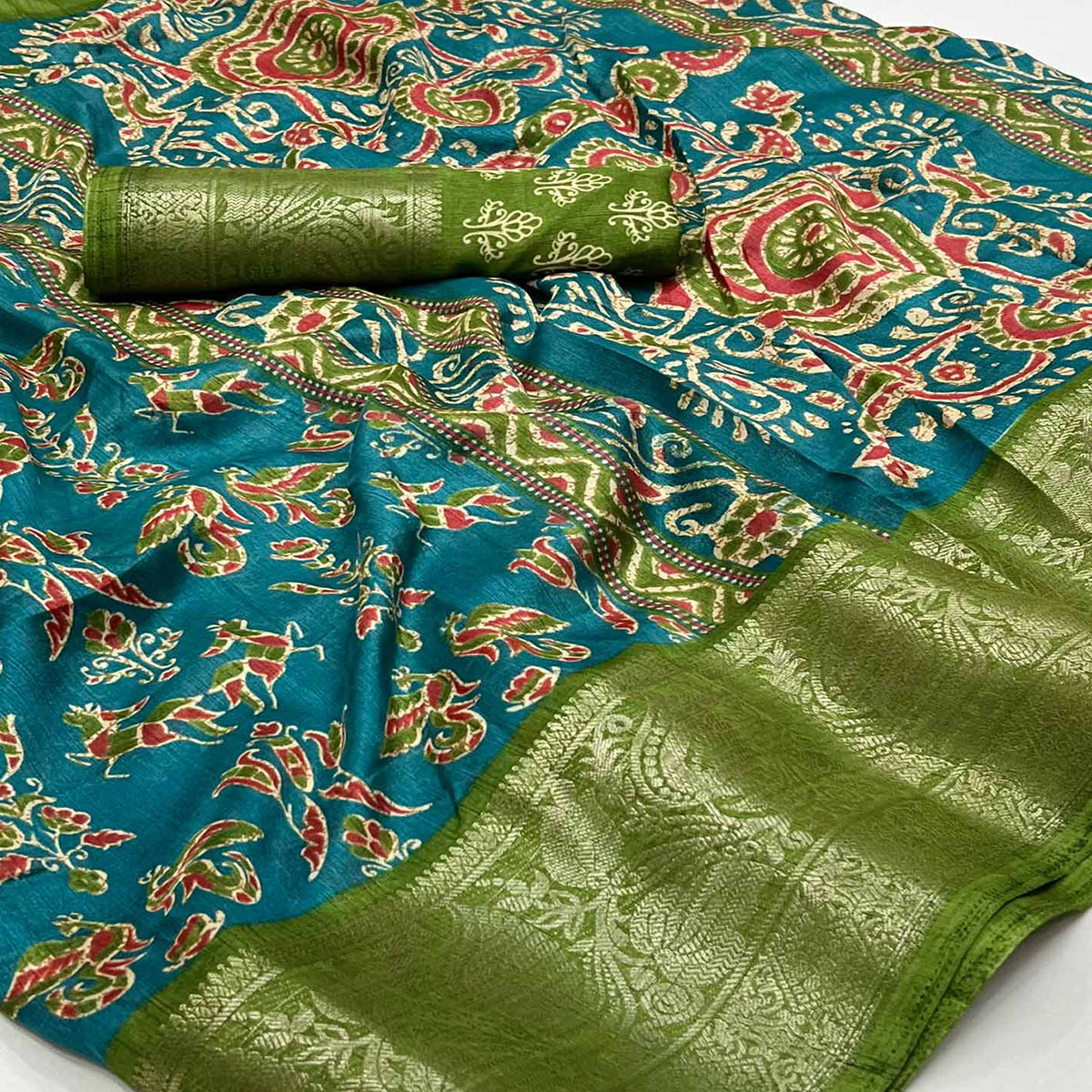 Rama Blue Blue Printed With Woven Border Dola Silk Saree