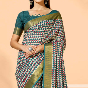 Rama Green Printed Dola Silk Saree With Tassels