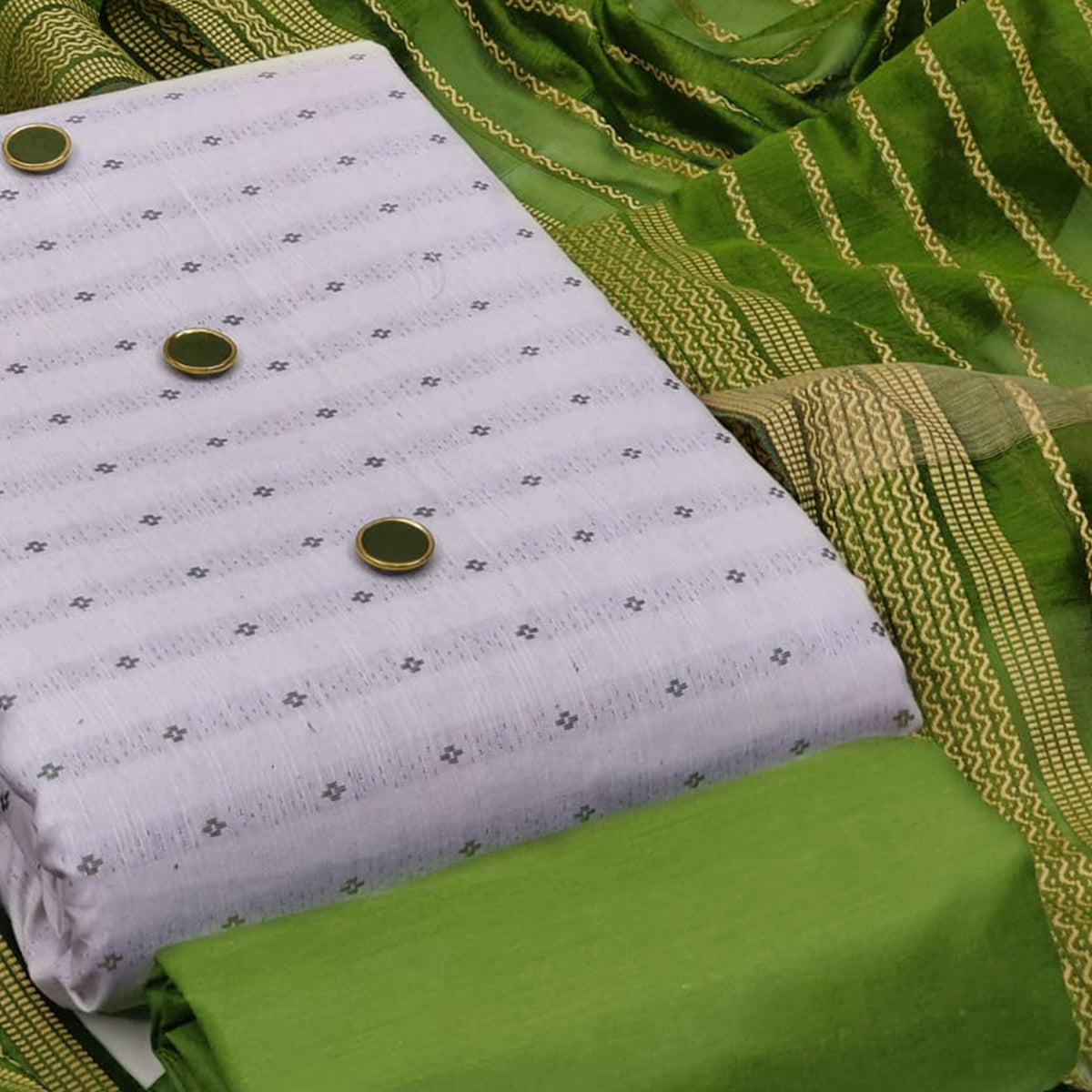 White-Green Woven Cotton Blend Dress Material