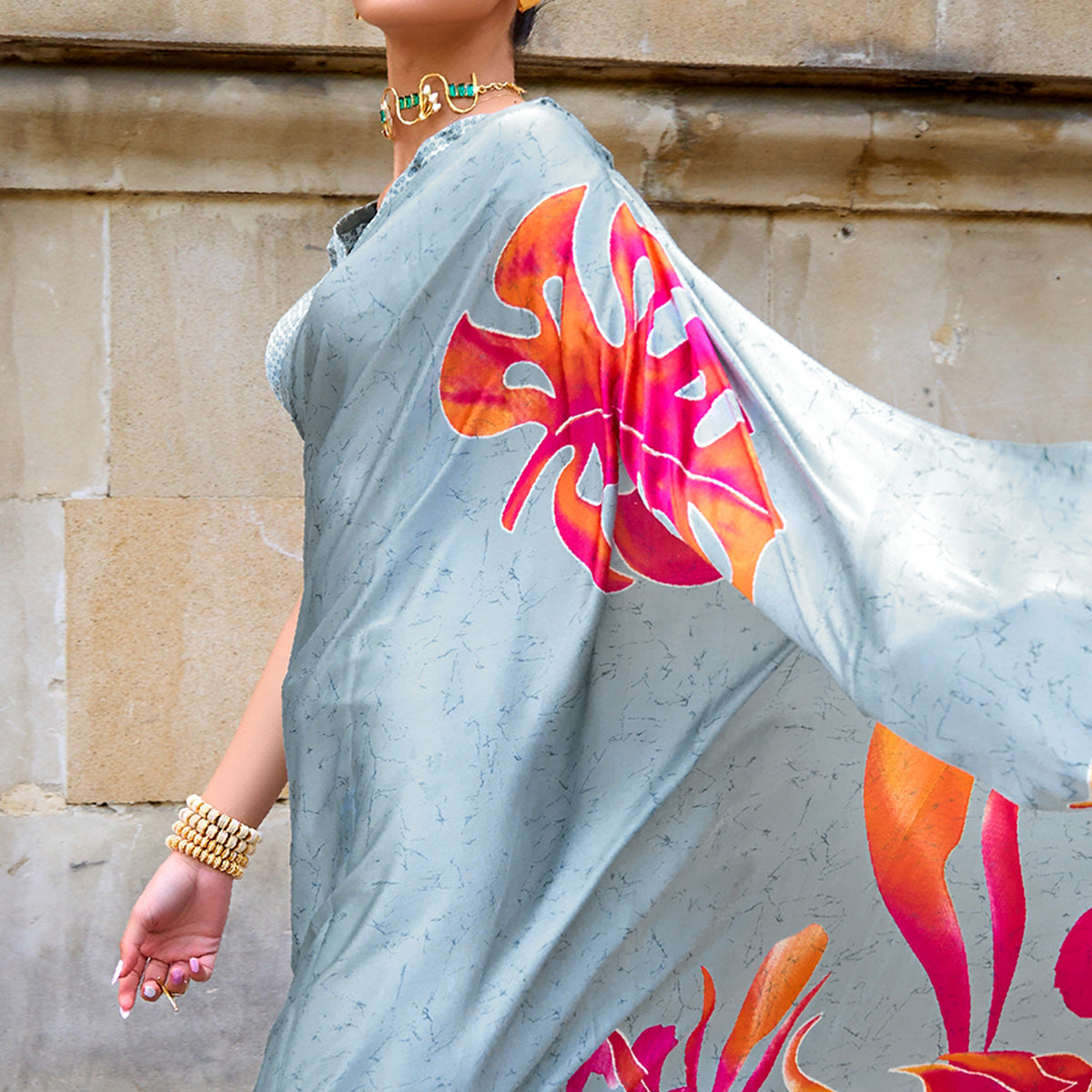 Aqua Blue Printed Crepe Saree