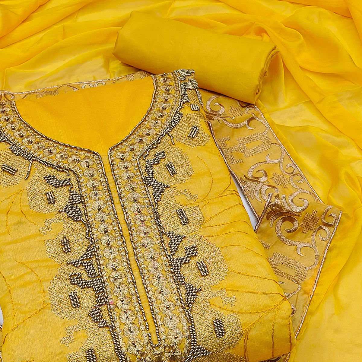 Yellow Handwork Embroidered Modal Dress Material